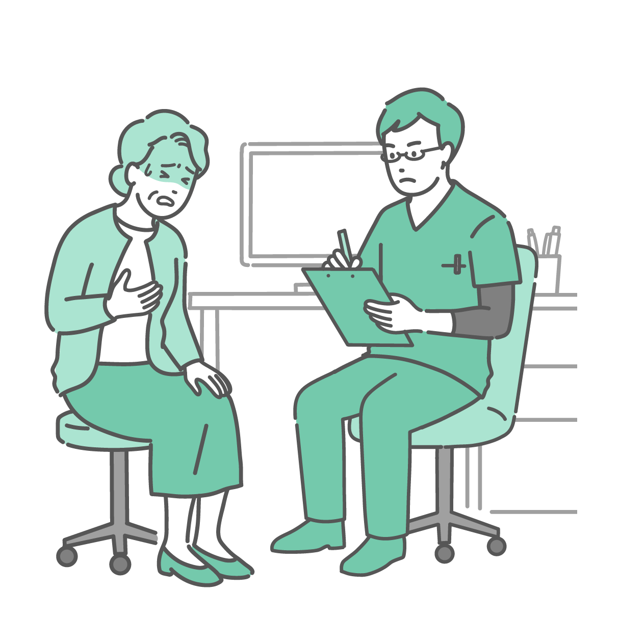 診察室で胸に手を当てて冷や汗をかき、苦しそうな表情で話す高齢女性（おばあちゃん）と、真剣な表情でメモを取りながら話を聞く緑色のスクラブ（医療用ウェア）にメガネ姿の男性医師のイラスト。