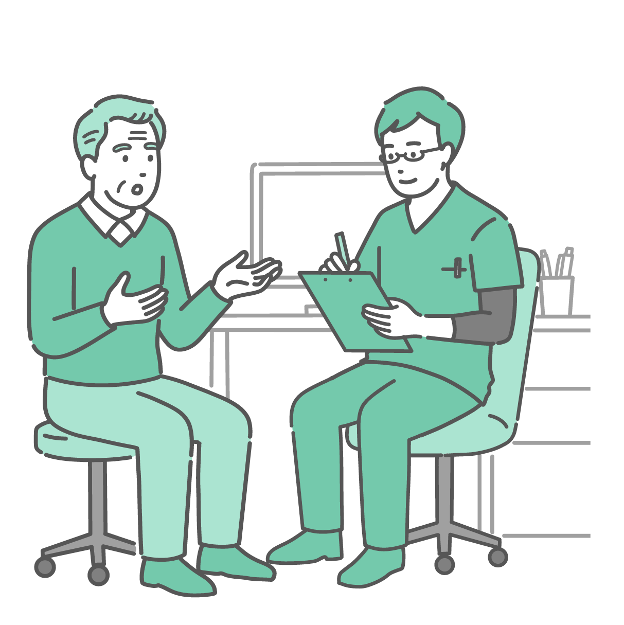 診察室で椅子に座って話をしている高齢男性（おじいちゃん）と、メモを取りながら穏やかに話を聞く緑色のスクラブ（医療用ウェア）にメガネ姿の男性医師のイラスト。