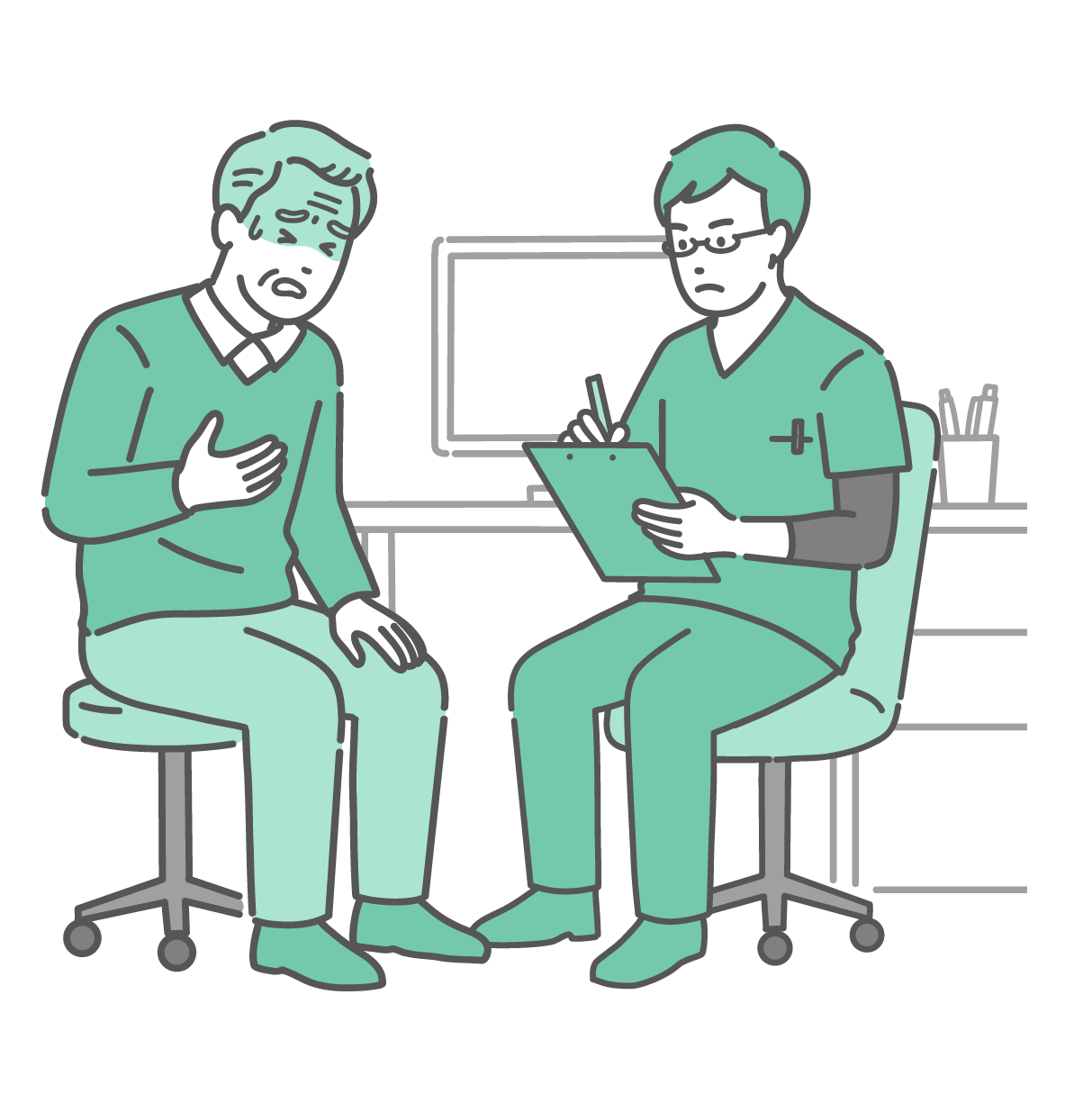 診察室で胸に手を当てて冷や汗をかき、苦しそうな表情で話す高齢男性（おじいちゃん）と、深刻な表情でメモを取りながら話を聞く緑色のスクラブ（医療用ウェア）にメガネ姿の男性医師のイラスト。