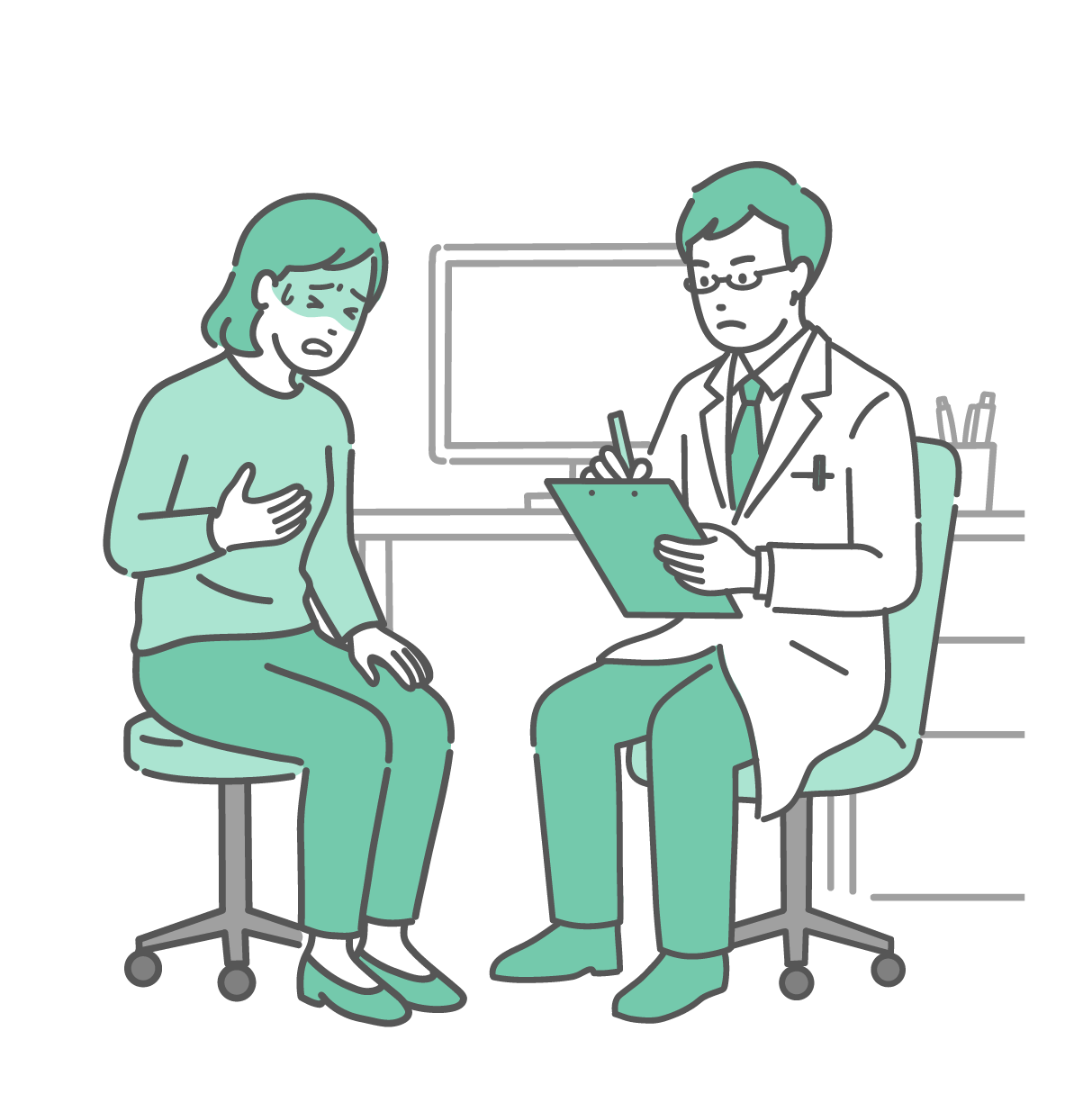 診察室で胸に手を当てて冷や汗をかき、苦しそうな表情で話す女性患者と、深刻な表情でメモを取りながら話を聞く白衣にメガネ姿の男性医師のイラスト。