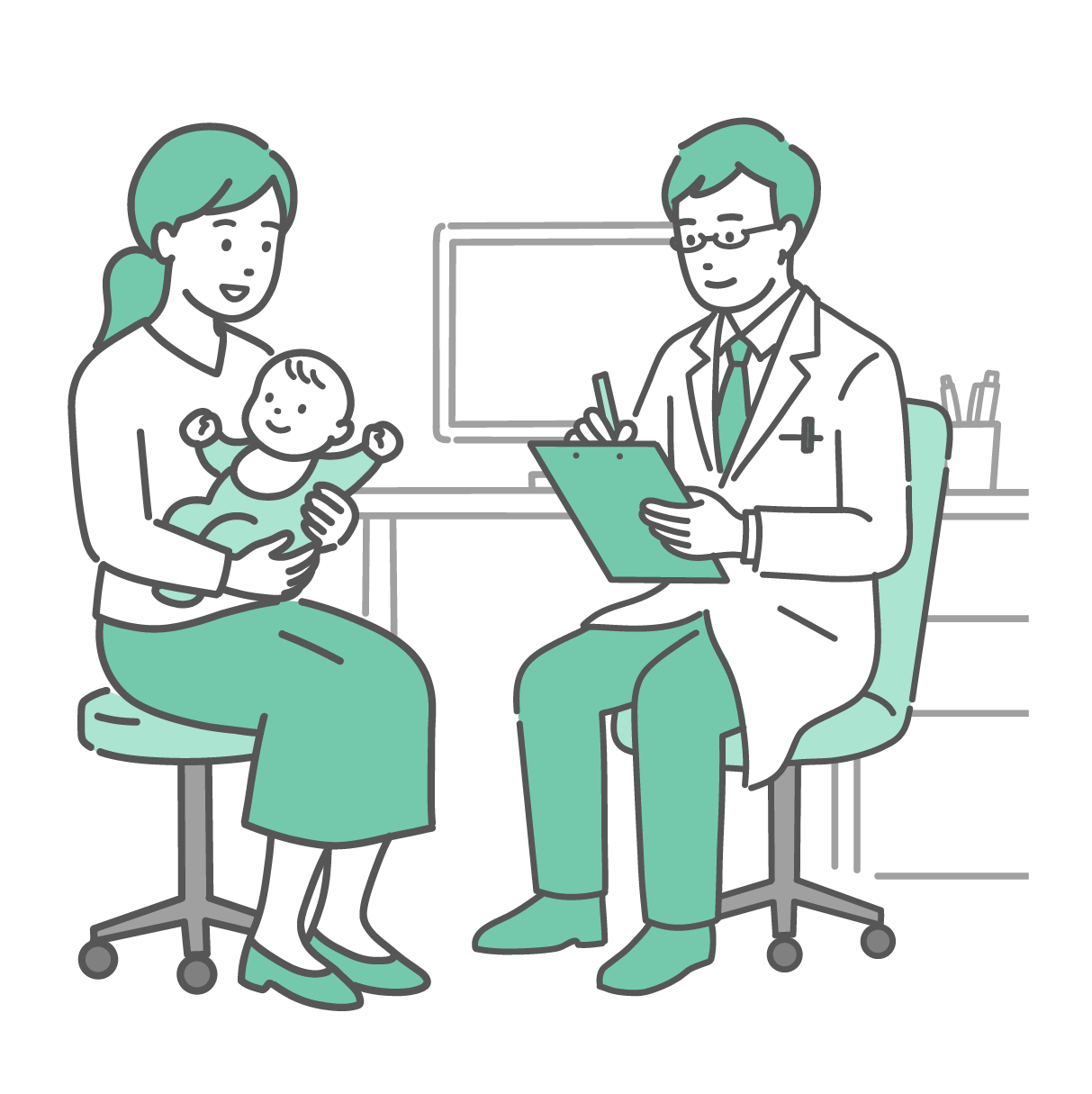 診察室で赤ちゃんを膝に抱いて話をしている母親と、メモを取りながら穏やかに話を聞く白衣にメガネ姿の男性医師のイラスト。赤ちゃんは機嫌よく手足を動かしている。