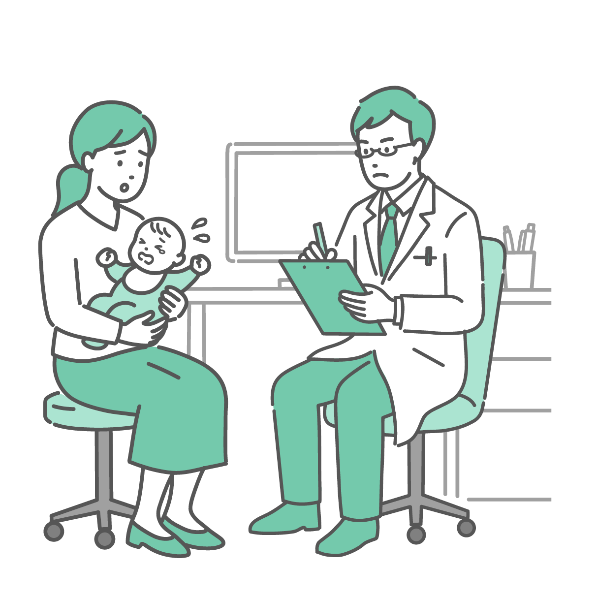 診察室で泣いている赤ちゃんを抱いて心配そうな表情の母親と、深刻な表情でメモを取りながら話を聞く白衣にメガネ姿の男性医師のイラスト。