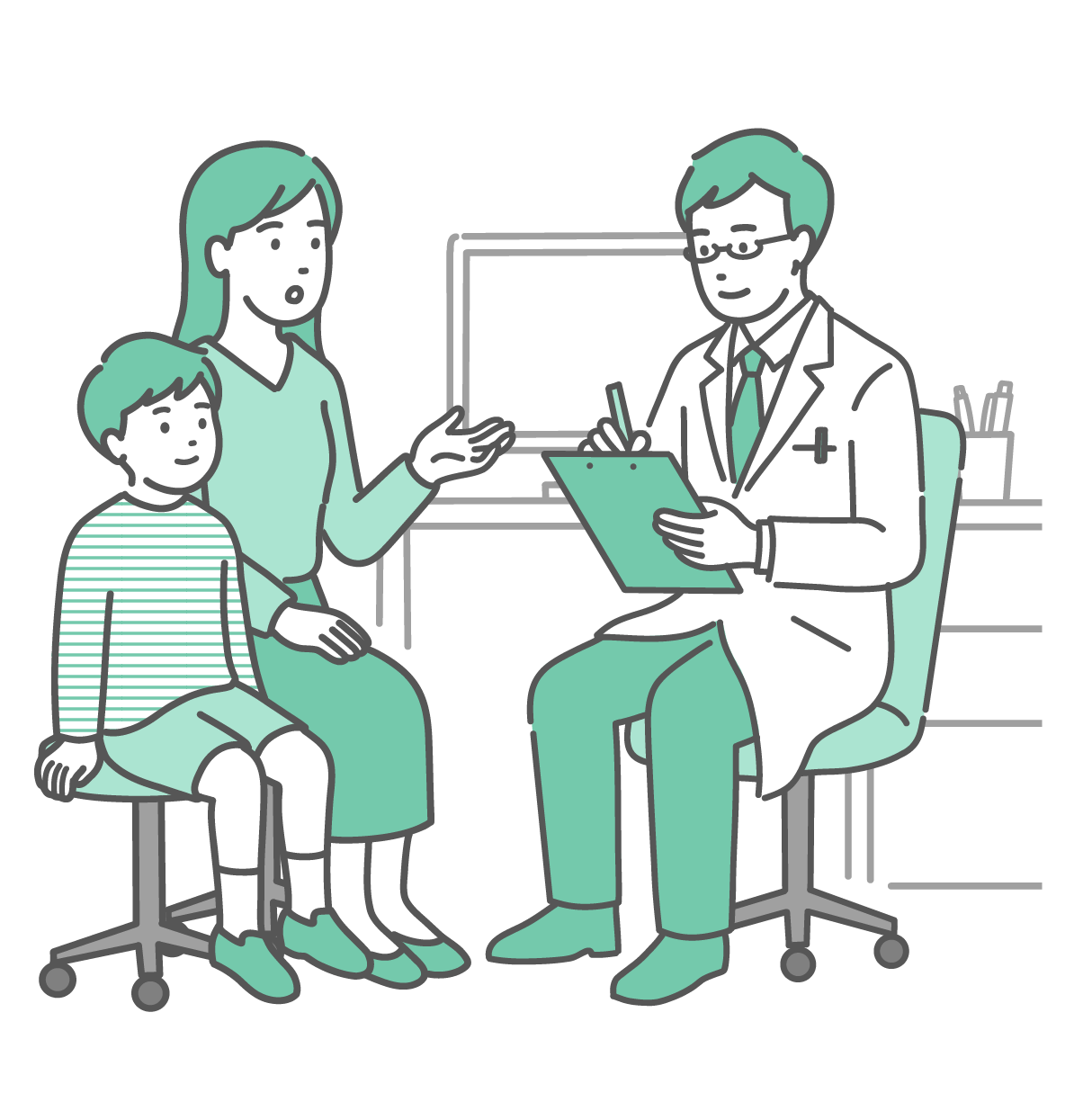診察室で椅子に座っている男の子と母親、メモを取りながら穏やかに話を聞く白衣にメガネ姿の男性医師のイラスト。