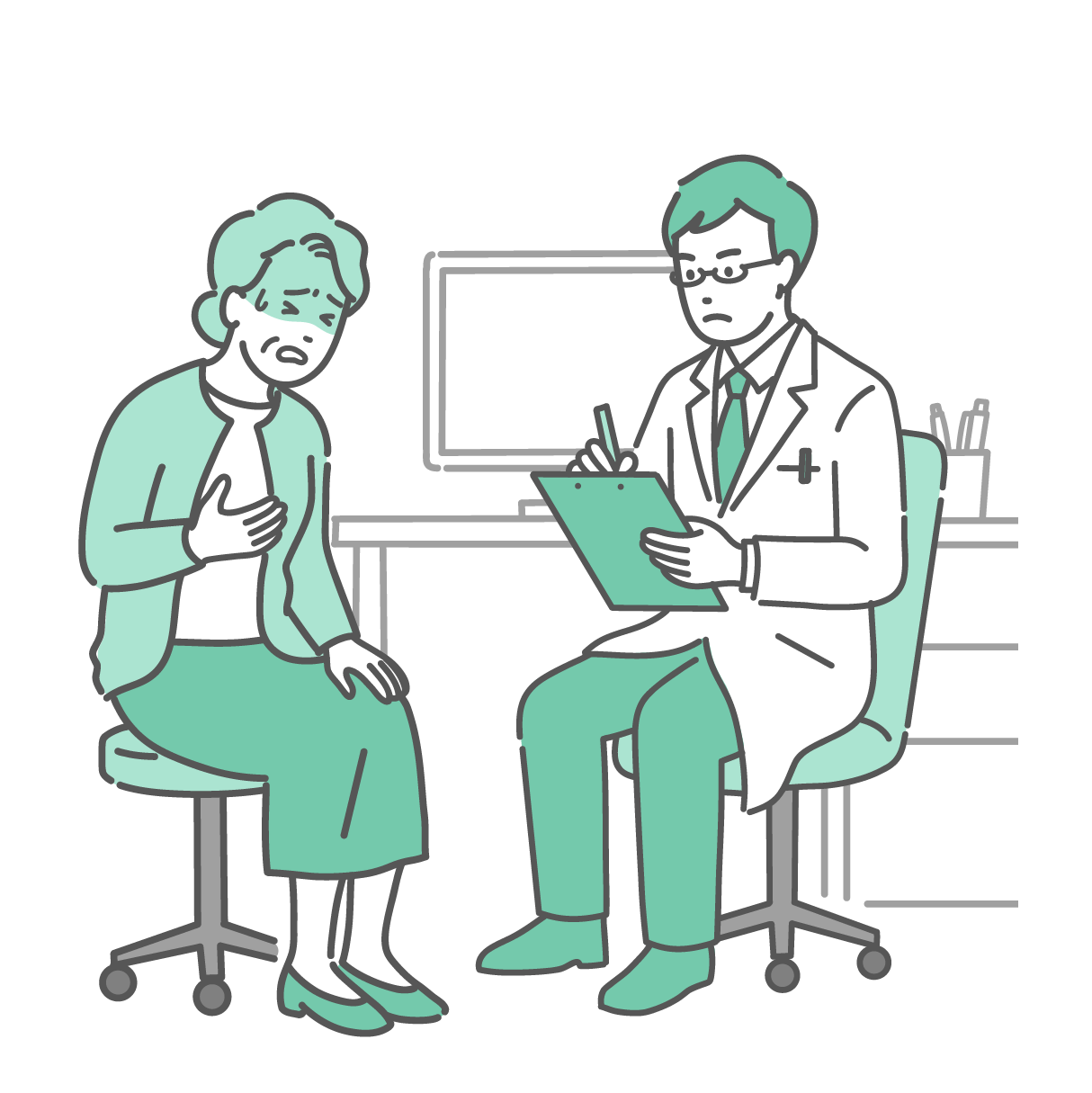 診察室で胸に手を当てて冷や汗をかき、苦しそうな表情で話す高齢女性（おばあちゃん）と、深刻な表情でメモを取りながら話を聞く白衣にメガネ姿の男性医師のイラスト。