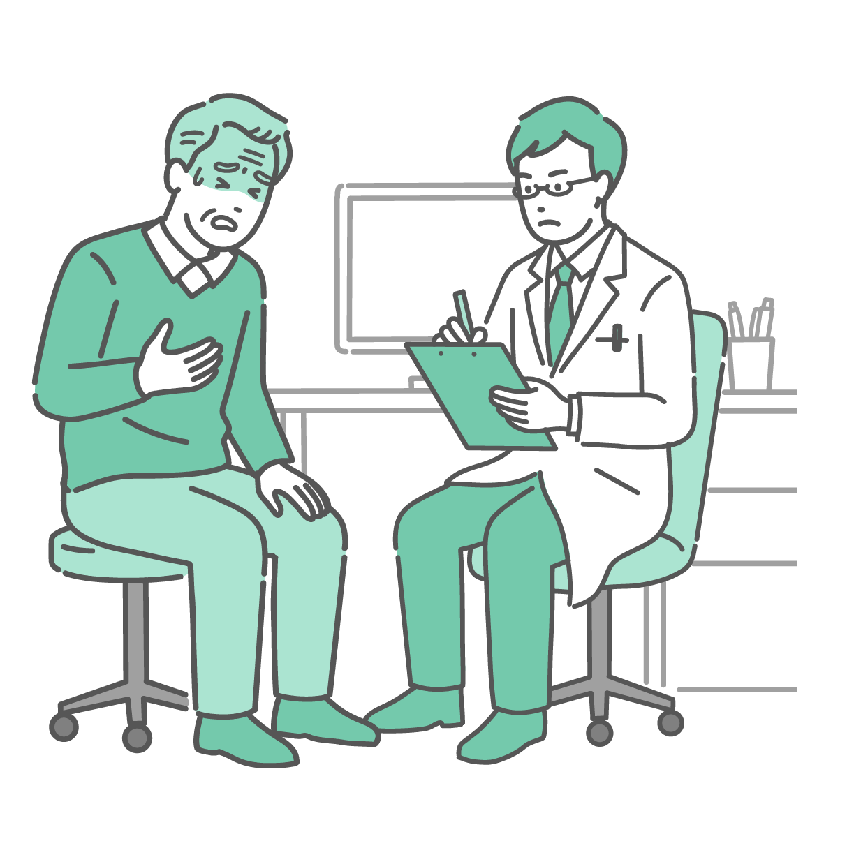 診察室で胸に手を当てて冷や汗をかき、苦しそうな表情で話す高齢男性（おじいちゃん）と、深刻な表情でメモを取りながら話を聞く白衣にメガネ姿の男性医師のイラスト。