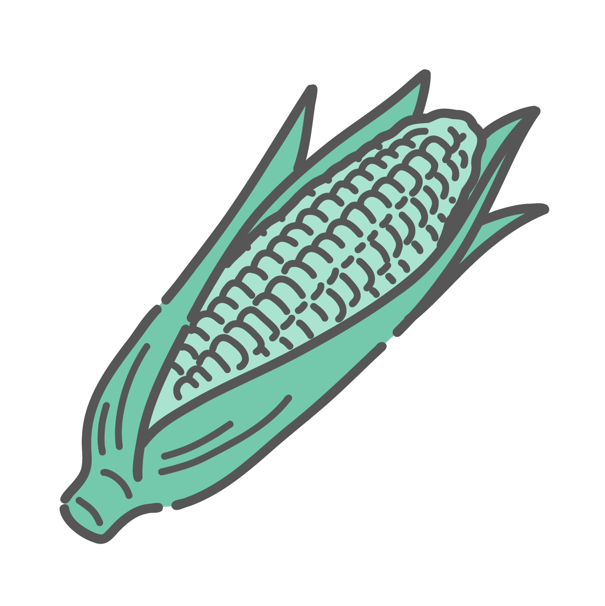 皮が少しむかれて粒が見えている、新鮮なとうもろこしのシンプルな線画イラスト。炭水化物や食物繊維が豊富な黄色い穀物のアイコンとして描かれている。