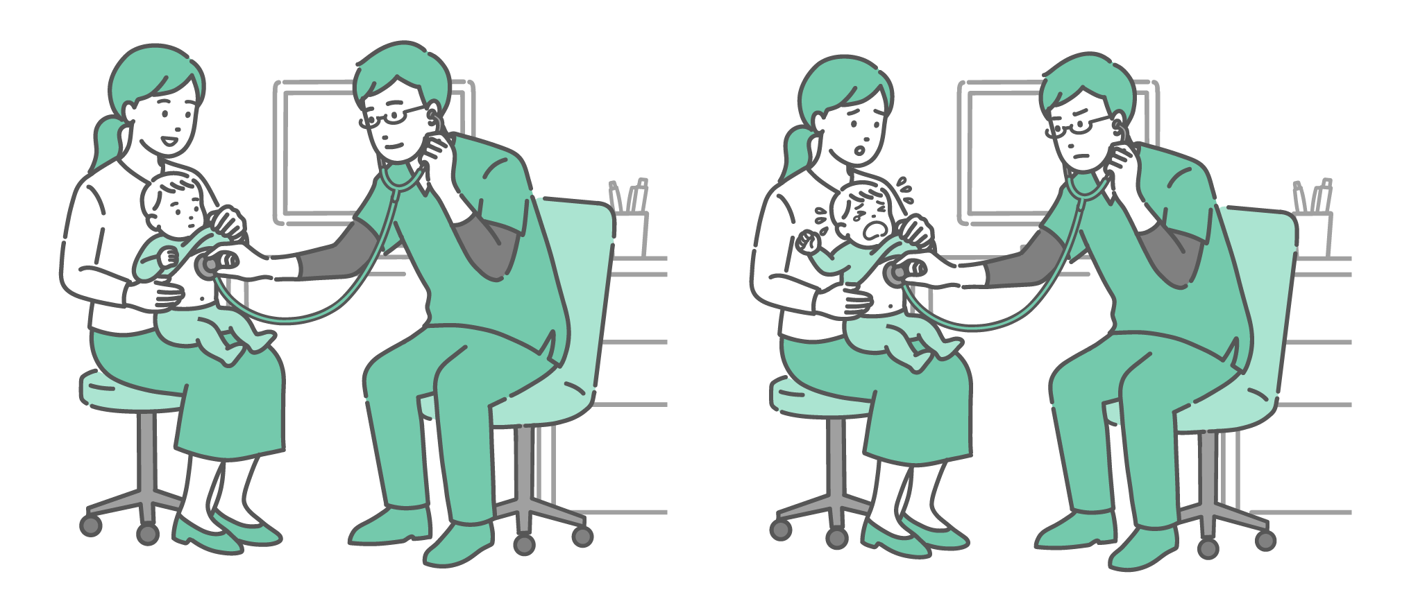 診察室でスクラブを着た男性医師が、母親に抱かれた赤ちゃんを聴診しているイラストの比較セット。左側は赤ちゃんが落ち着いていて母親も笑顔の様子。右側は赤ちゃんが泣き叫んでいて母親が困った表情をしており、医師も真剣な顔つきをしている。