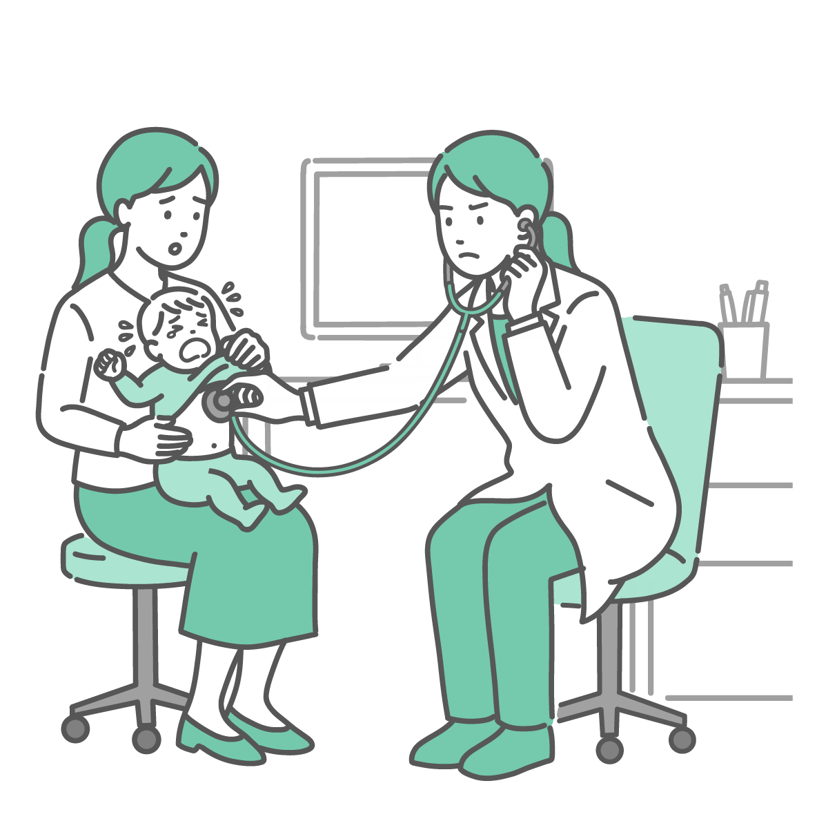 白衣を着用したポニーテールの女性医師が、母親の膝の上で泣き叫んでいる赤ちゃん（乳児）の胸に聴診器を当てて診察をしているイラスト。母親は困った表情をしており、医師は真剣な顔つきで心音や呼吸音を聞き取ろうとしている。