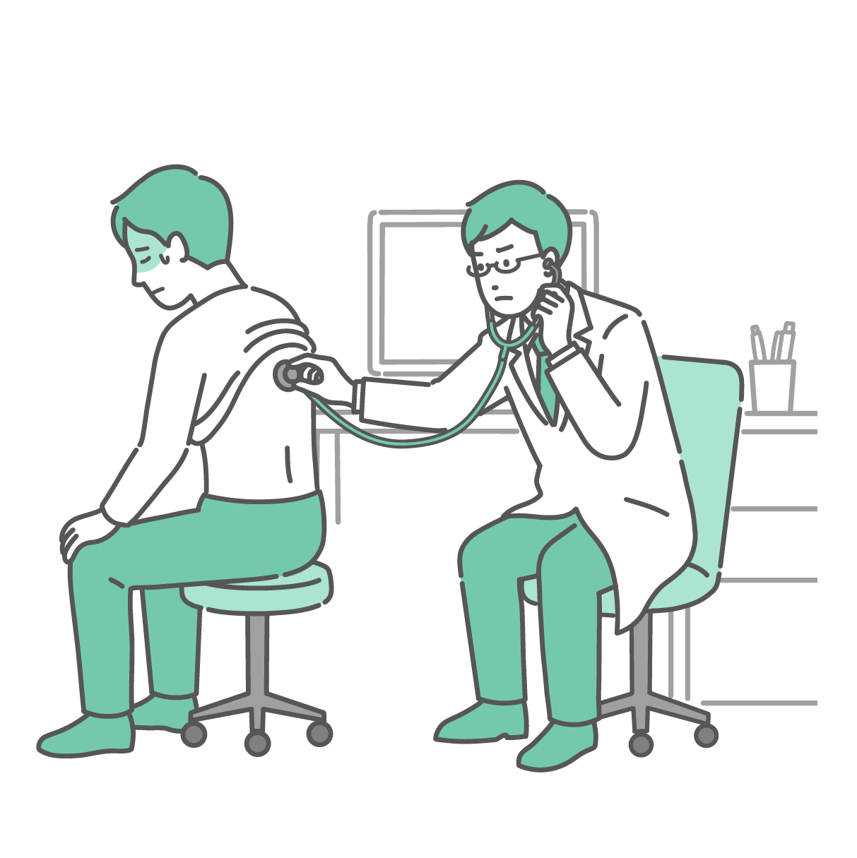 診察室で白衣を着用し眼鏡をかけた男性医師が、冷や汗をかいて苦しそうな表情の成人男性の背中（後ろ側）から服をまくり上げ、聴診器を当てて診察をしているイラスト。男性は前かがみで呼吸がしづらそうにしており、医師は眉をひそめて深刻な表情で肺の音を確認している。