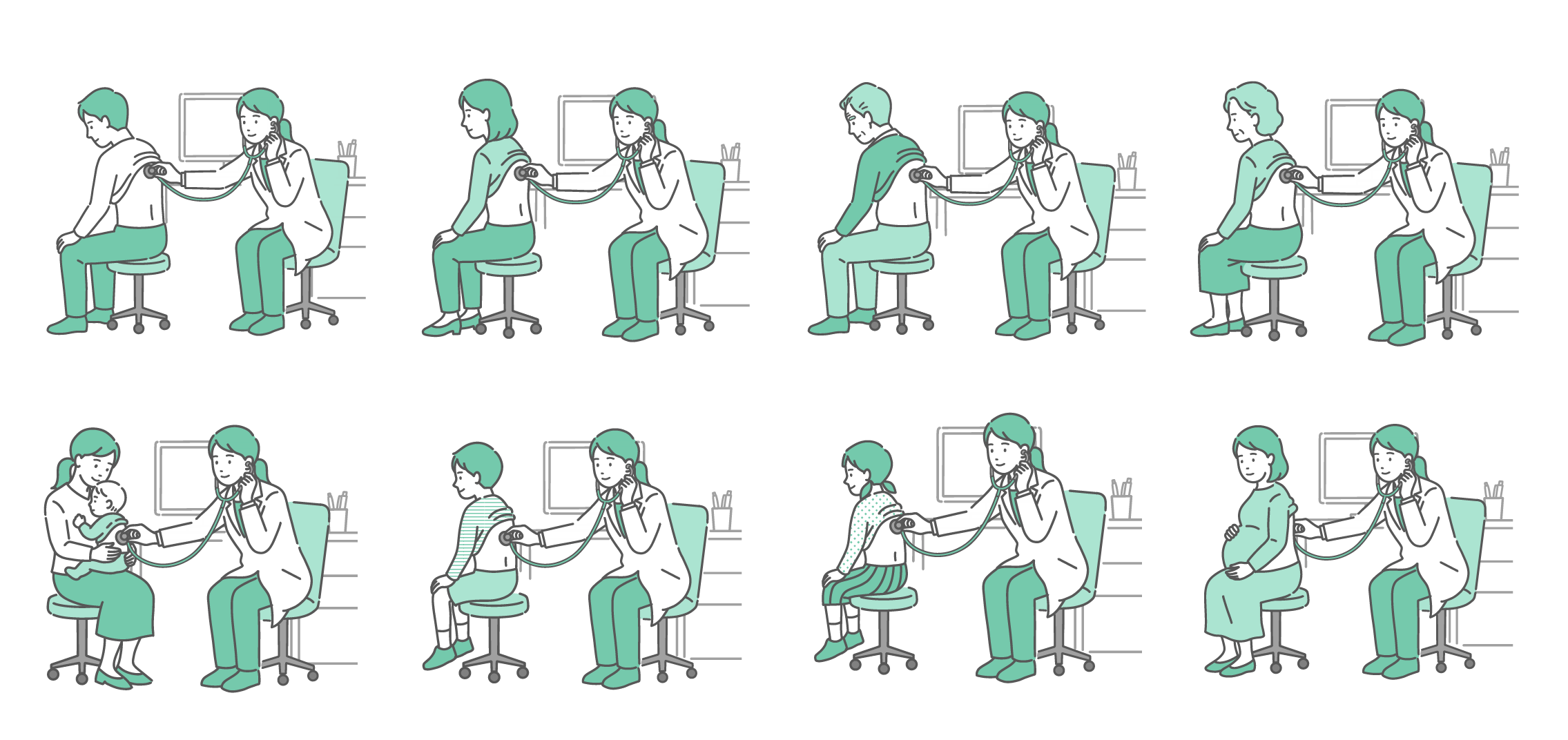 診察室で白衣を着用した女性医師が、様々な患者の背中（後ろ側）に聴診器を当てて診察しているイラストの8種類セット。上段左から：成人男性、成人女性、高齢男性、高齢女性。下段左から：母親に抱かれた赤ちゃん、男の子、女の子、妊婦。全ての患者が穏やかな表情で受診しており、幅広い年齢層への医療対応を表現している。