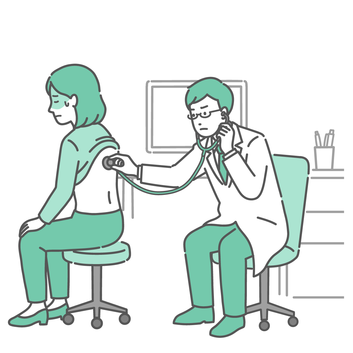 診察室で白衣を着用し眼鏡をかけた男性医師が、冷や汗をかいて苦しそうな表情の成人女性の背中（後ろ側）から服をまくり上げ、聴診器を当てて診察をしているイラスト。女性は前かがみで呼吸がしづらそうにしており、医師は眉をひそめて深刻な表情で肺の音を確認している。