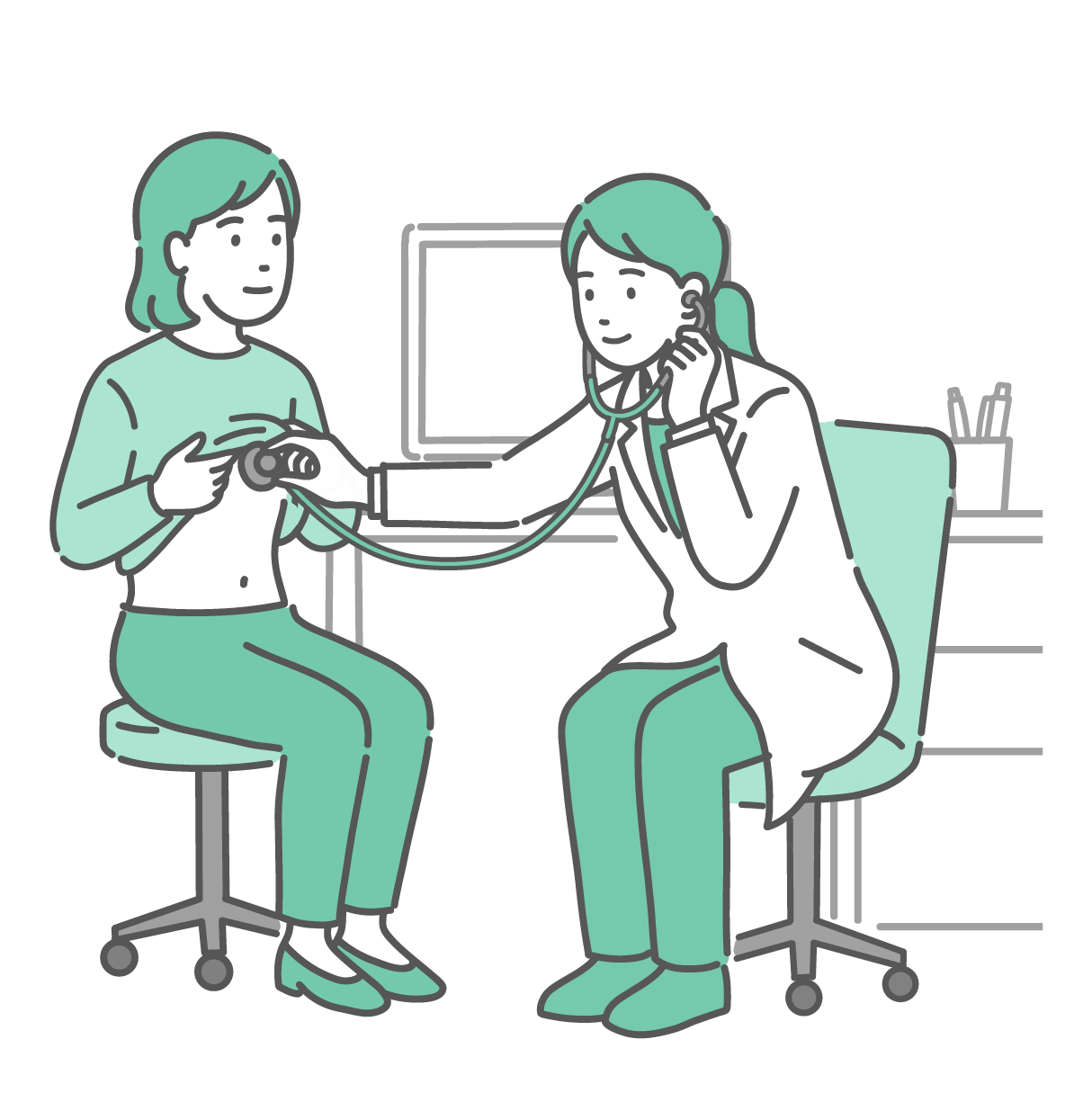 白衣を着用したポニーテールの女性医師が、丸椅子に座った女性患者の胸に聴診器を当てて診察をしているイラスト。女性は服をまくり上げており、医師は穏やかな表情で心音や呼吸音を確認している。