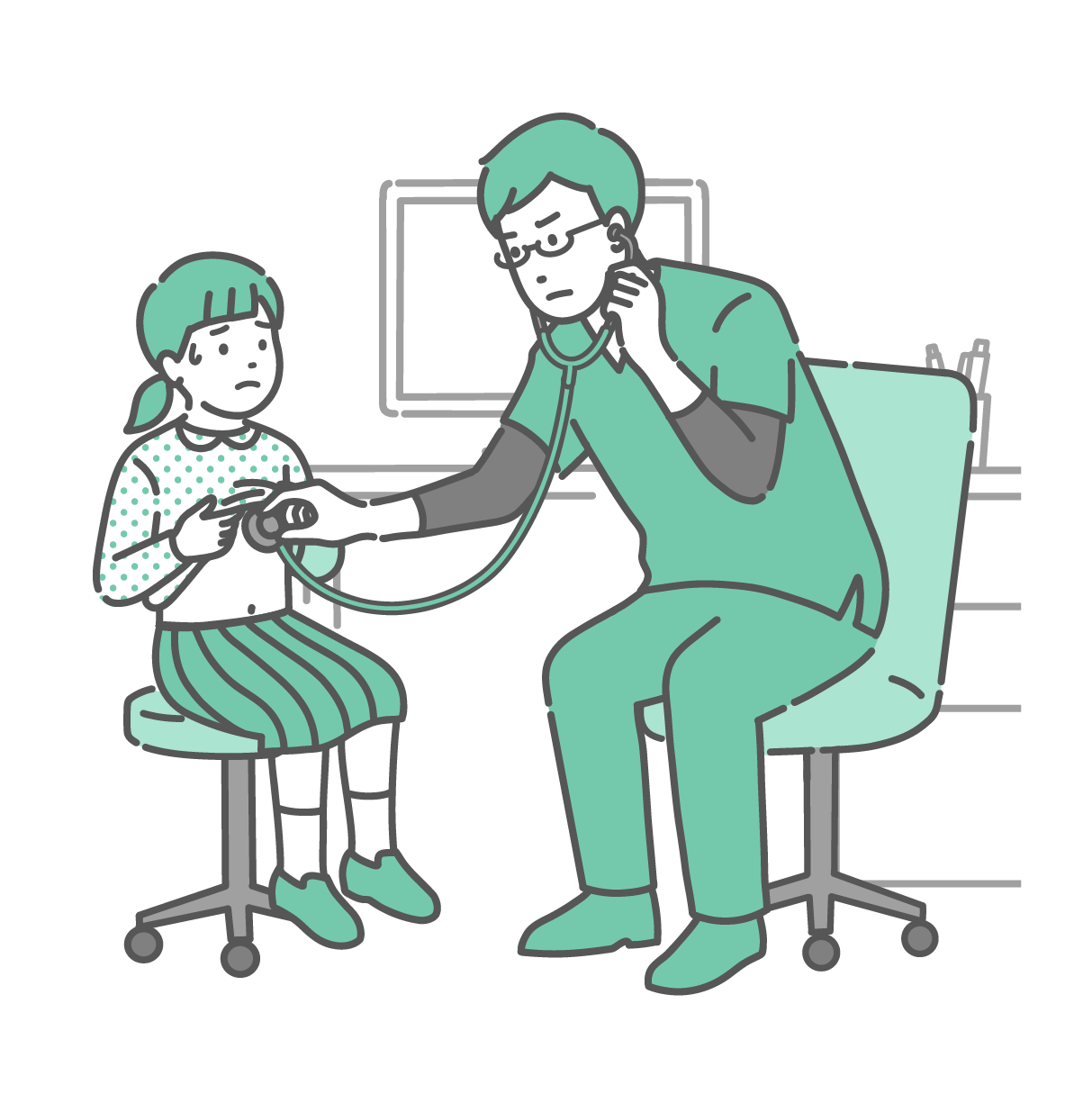 スクラブを着用した男性医師が、冷や汗をかいて不安げな表情の女の子（小学生）の胸を聴診しているイラスト。医師は眉をひそめて深刻な表情をしており、心音や呼吸音の異常を確認している様子。