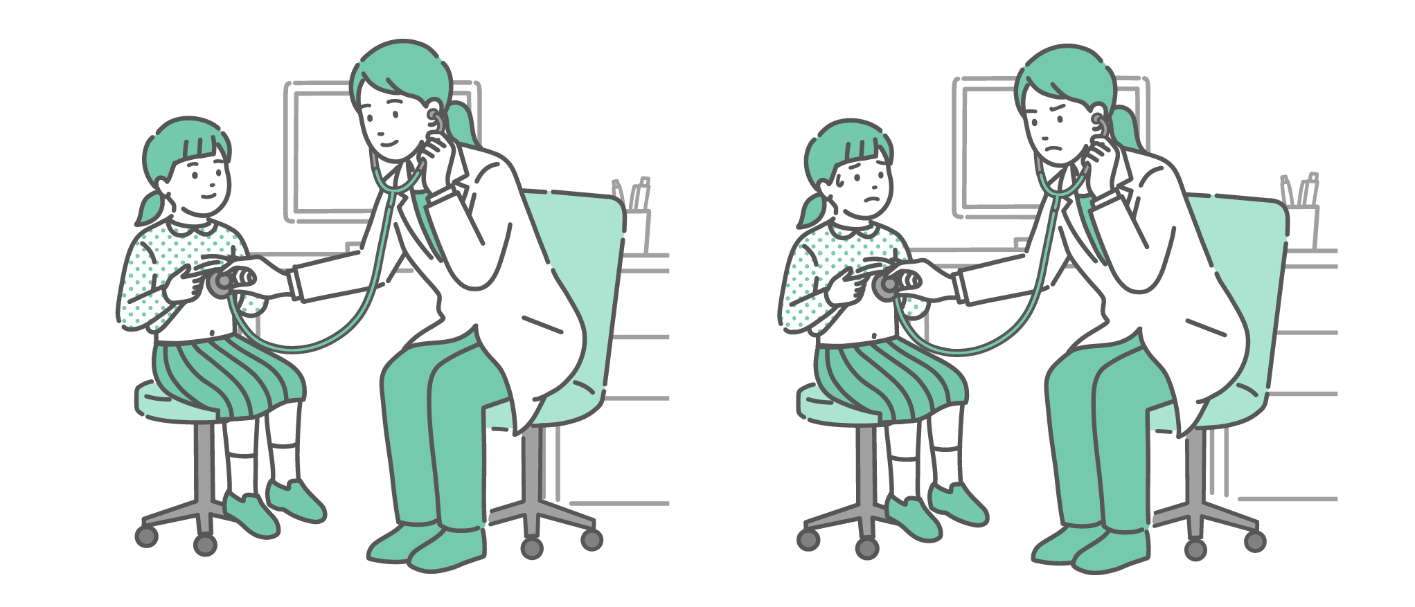 診察室で白衣を着た女性医師が女の子（小学生）を聴診しているイラストの比較セット。左側は女の子が穏やかな表情で受診している様子。右側は女の子が冷や汗をかいて不安そうな表情をしており、医師も深刻な顔つきをしている。