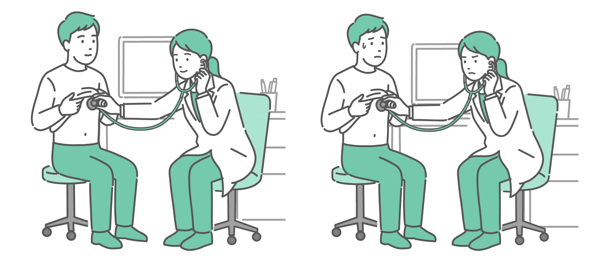 診察室で白衣を着た女性医師が男性患者を聴診しているイラストの比較セット。左側は患者が穏やかな表情で受診している様子。右側は患者が冷や汗をかいて不安そうな表情をしており、医師も深刻な顔つきをしている。