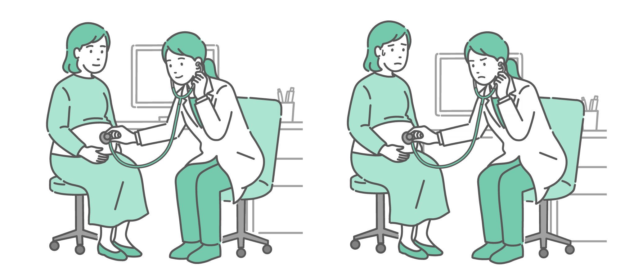 診察室で白衣を着た女性医師が妊婦（プレママ）のお腹に聴診器を当てて診察しているイラストの比較セット。左側は妊婦が穏やかな表情で受診している様子。右側は妊婦が冷や汗をかいて不安そうな表情をしており、医師も深刻な顔つきをしている。