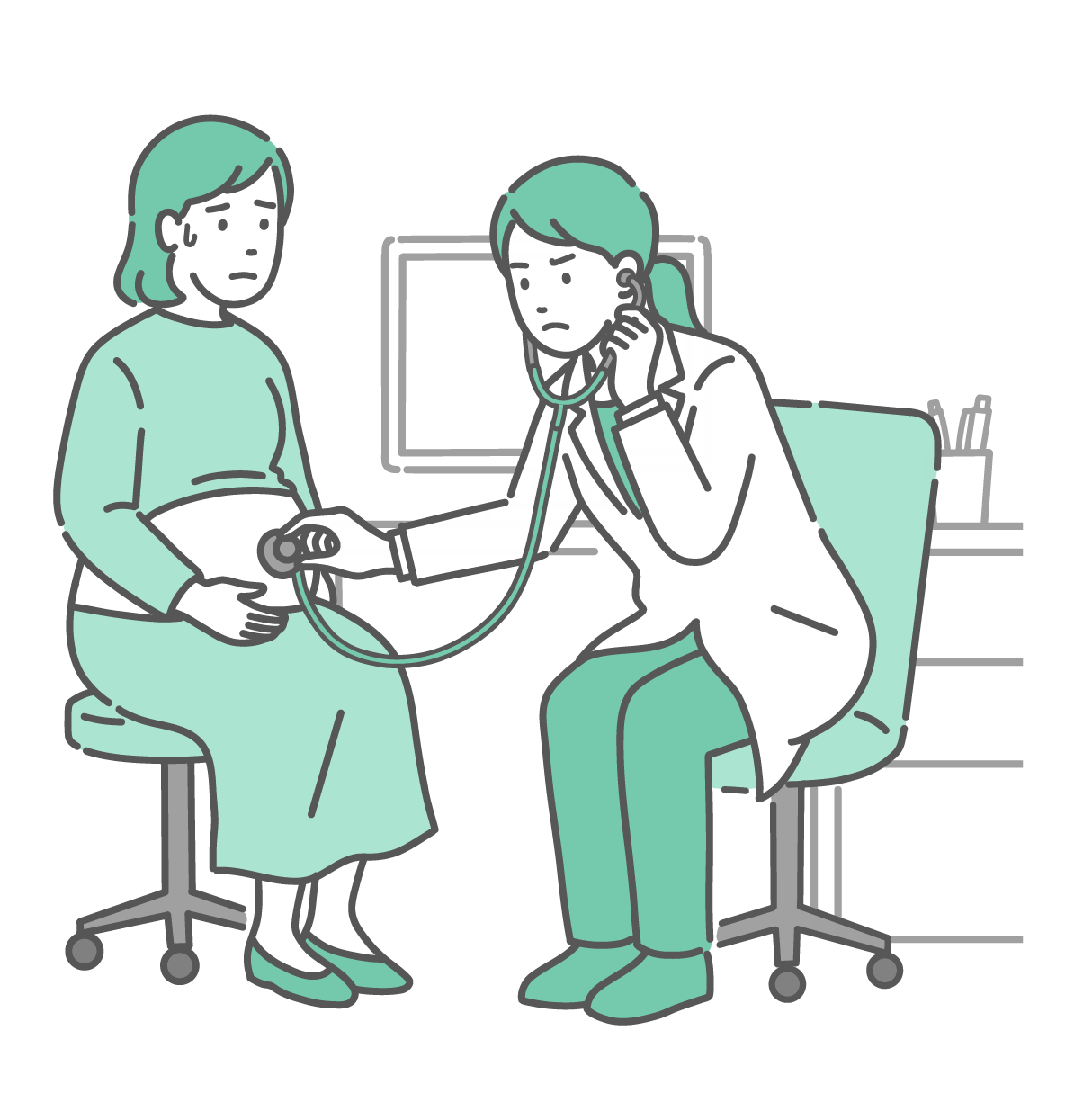 白衣を着用したポニーテールの女性医師が、冷や汗をかいて不安げな表情の妊婦（プレママ）のお腹に聴診器を当てて診察をしているイラスト。医師は眉をひそめて深刻な表情をしており、胎児の心音や母体の異常を確認している様子。