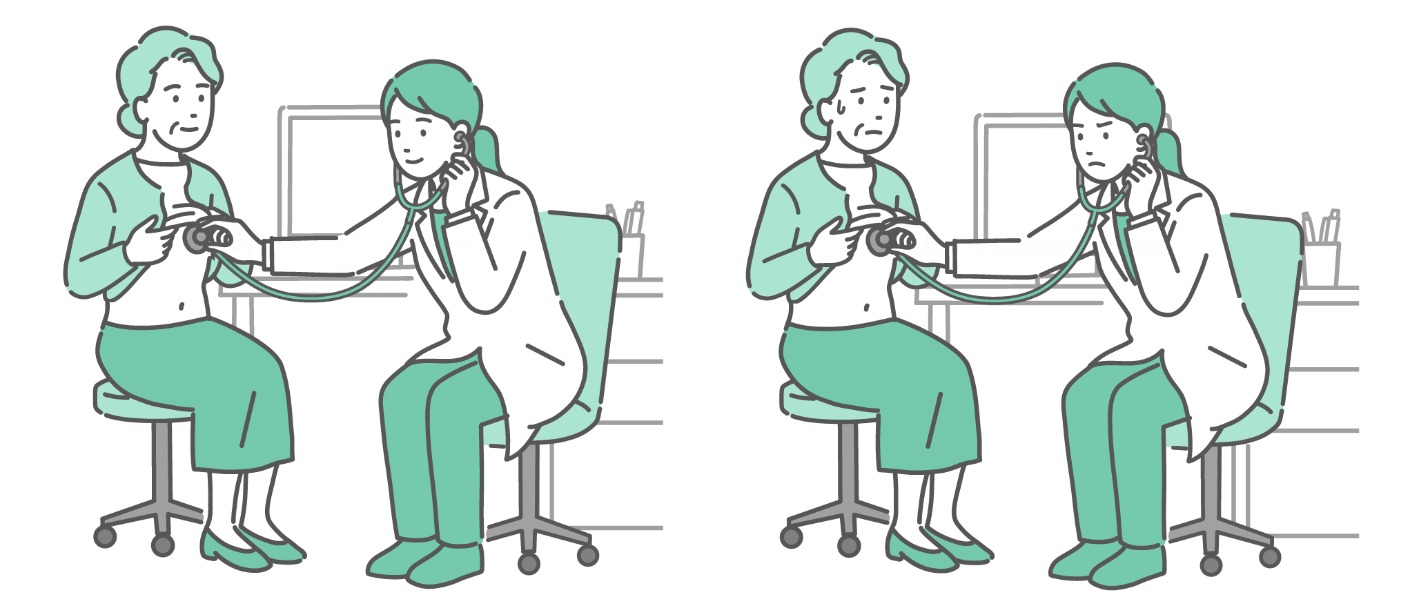 診察室で白衣を着た女性医師が高齢女性（おばあちゃん）を聴診しているイラストの比較セット。左側は女性が穏やかな表情で受診している様子。右側は女性が冷や汗をかいて不安そうな表情をしており、医師も深刻な顔つきをしている。