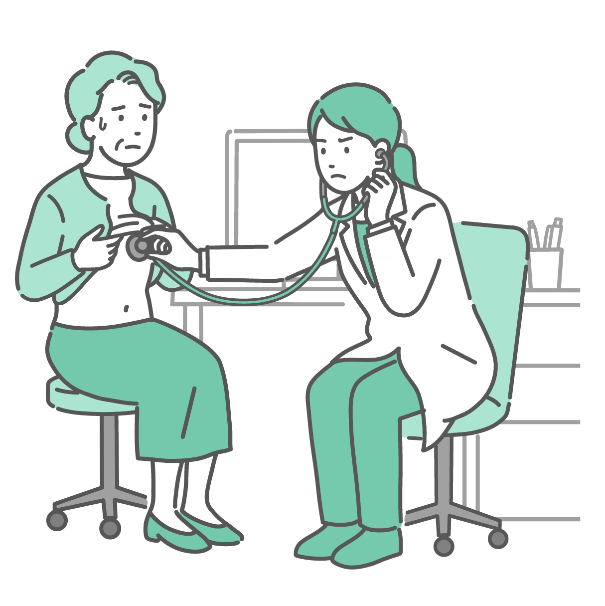 白衣を着用したポニーテールの女性医師が、冷や汗をかいて不安げな表情の高齢女性（おばあちゃん）の胸を聴診しているイラスト。医師は眉をひそめて深刻な表情をしており、心音や呼吸音の異常を確認している様子。