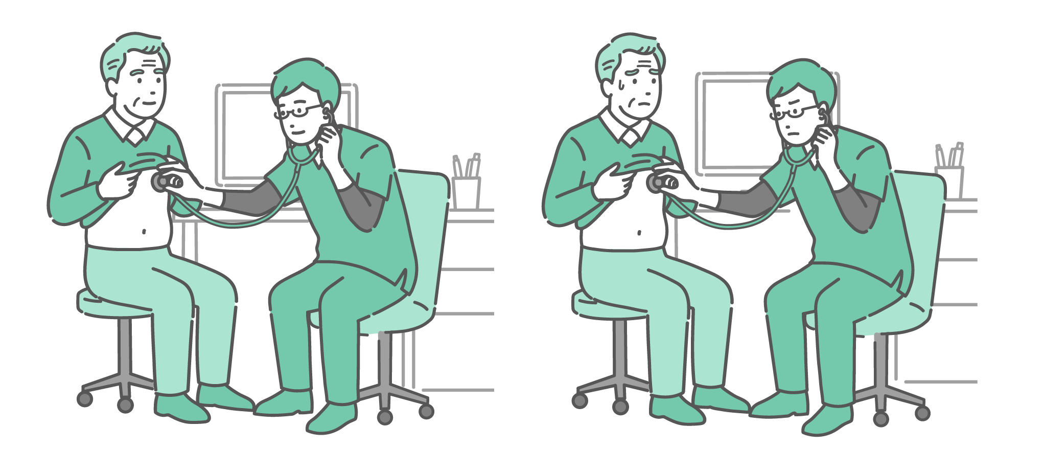 診察室でスクラブを着た男性医師が高齢男性（おじいちゃん）を聴診しているイラストの比較セット。左側は男性が穏やかな表情で受診している様子。右側は男性が冷や汗をかいて不安そうな表情をしており、医師も深刻な顔つきをしている。