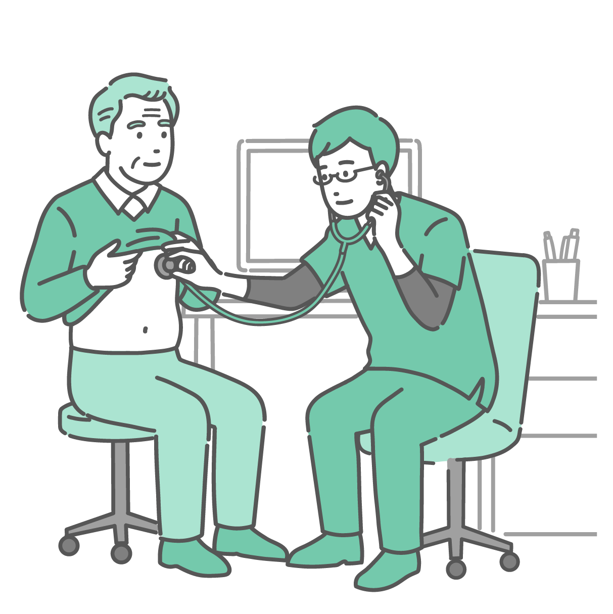 スクラブを着用した眼鏡の男性医師が、椅子に座った白髪の高齢男性（おじいちゃん）の胸に聴診器を当てて診察をしているイラスト。男性は緑色の服を着ており、穏やかな表情で診察を受けている。