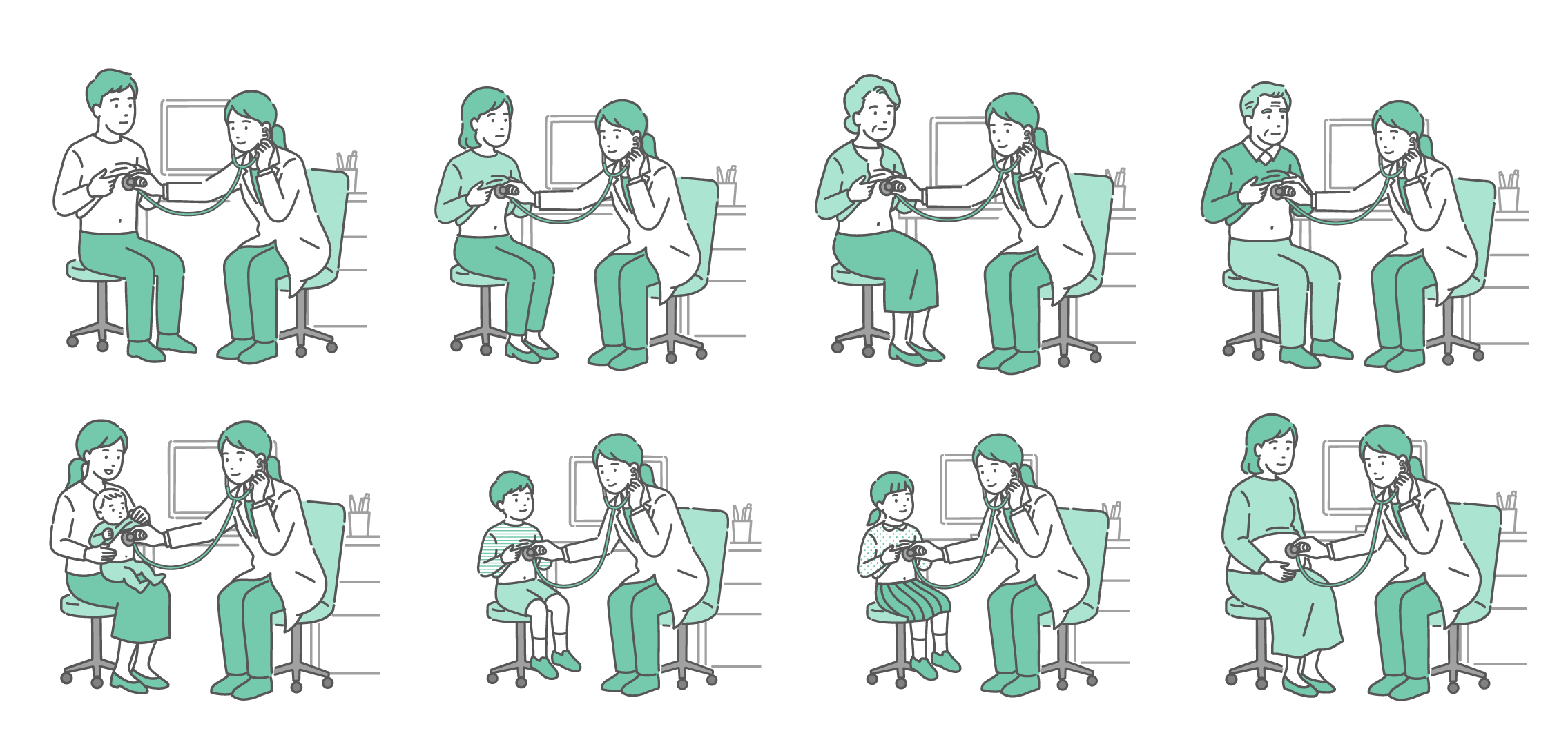 白衣を着用した女性医師が、8人の異なる患者を聴診しているイラストのセット画像。上段左から：成人男性、成人女性、高齢女性、高齢男性。下段左から：赤ちゃんと母親、男の子、女の子、妊婦。全員が穏やかな表情で診察を受けており、医師は優しく聴診器を当てている。