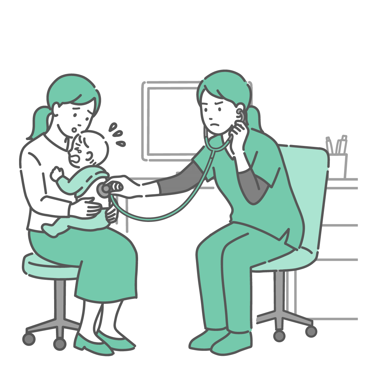 診察室で緑色のスクラブ（医療用ウェア）を着用した女性医師（または看護師）が、母親に抱かれて泣いている赤ちゃんの背中（後ろ側）に聴診器を当てて診察をしているイラスト。赤ちゃんは涙を流して嫌がっており、母親は冷や汗をかいて心配そうな表情をしている。医療従事者は真剣な眼差しで呼吸音を確認している。