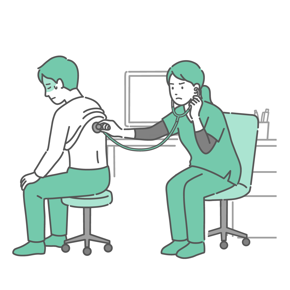 診察室で緑色のスクラブ（医療用ウェア）を着用した女性医師（または看護師）が、冷や汗をかいて苦しそうな表情の成人男性の背中（後ろ側）から服をまくり上げ、聴診器を当てて診察をしているイラスト。男性は前かがみで呼吸がしづらそうにしており、医療従事者は眉をひそめて深刻な表情で肺の音を確認している。