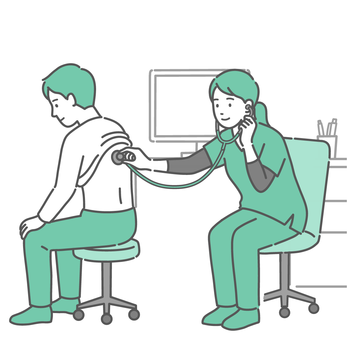 診察室で緑色のスクラブ（医療用ウェア）を着用した女性医師（または看護師）が、丸椅子に座った成人男性の背中（後ろ側）から服をまくり上げ、聴診器を当てて診察をしているイラスト。男性は落ち着いた表情で受診しており、医療従事者は真剣に呼吸音を確認している。