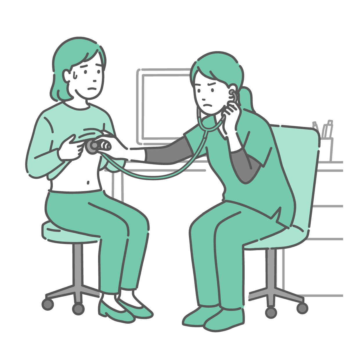緑色のスクラブを着用したポニーテールの女性医師（または看護師）が、冷や汗をかいて不安げな表情の女性の胸を聴診しているイラスト。女性は眉をひそめて深刻な表情をしており、心音や呼吸音の異常を確認している様子。