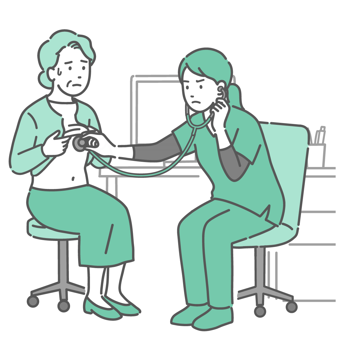 緑色のスクラブを着用したポニーテールの女性医師（または看護師）が、冷や汗をかいて不安げな表情の高齢女性（おばあちゃん）の胸を聴診しているイラスト。女性は眉をひそめて深刻な表情をしており、心音や呼吸音の異常を確認している様子。