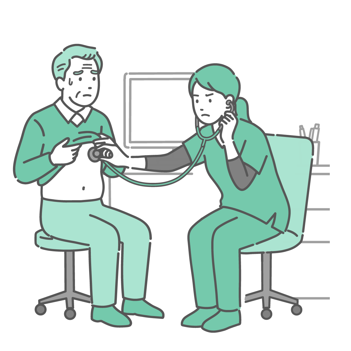緑色のスクラブを着用したポニーテールの女性医師（または看護師）が、冷や汗をかいて不安げな表情の高齢男性（おじいちゃん）の胸を聴診しているイラスト。女性は眉をひそめて深刻な表情をしており、心音や呼吸音の異常を確認している様子。