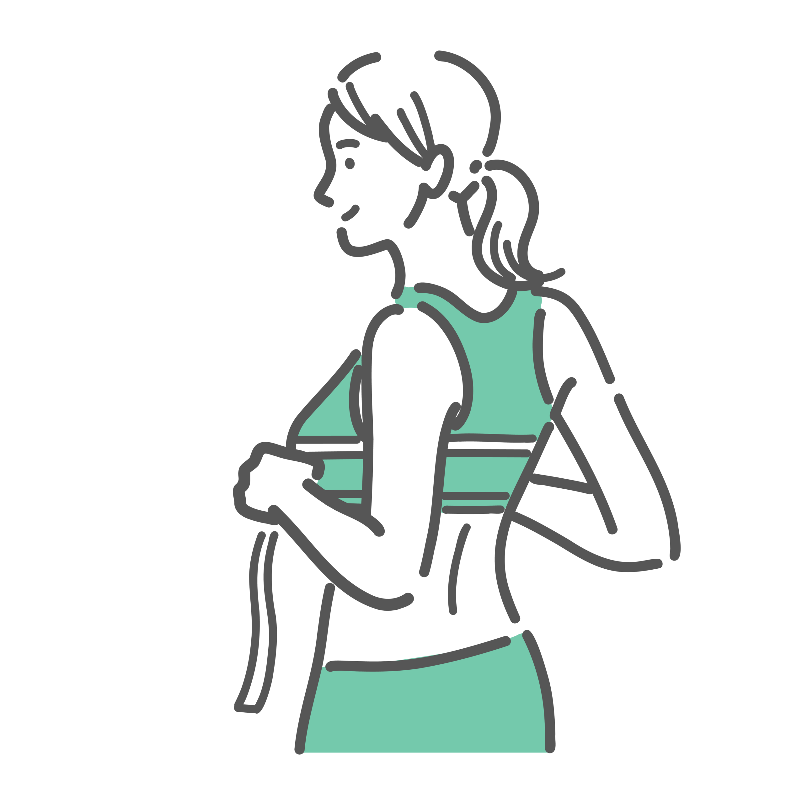 背筋を伸ばして真っ直ぐ立ち、メジャーを胸の最も高い位置に合わせてトップバストの周囲を測っている女性の横向きイラスト。