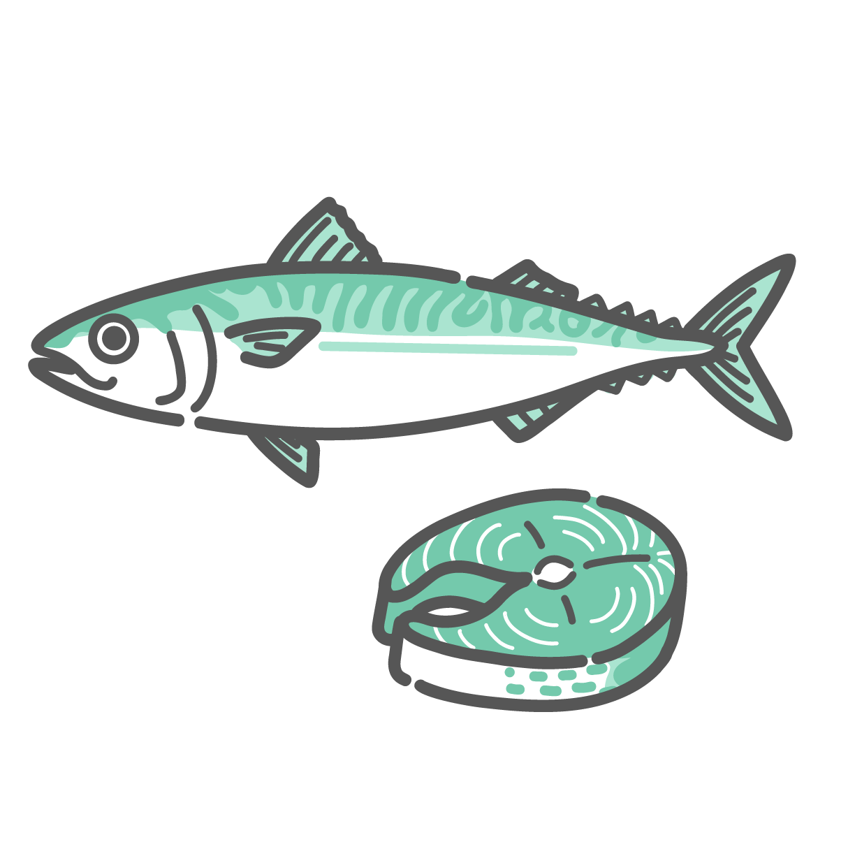 一尾まるごとの鯖（サバ）と、手前に置かれた切り身（筒切り）のシンプルな線画イラスト。背中の青い模様が特徴的で、DHAやEPAが豊富な青魚のアイコンとして描かれている。