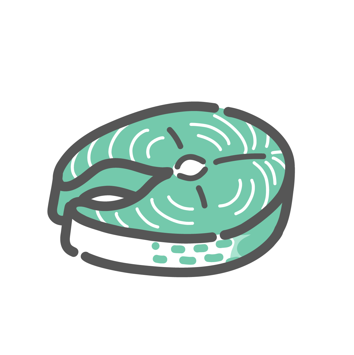 筒切りにされた鯖（サバ）の切り身のシンプルな線画イラスト。断面と皮の模様が描かれており、味噌煮などの料理に使われる青魚のアイコンとして表現されている。