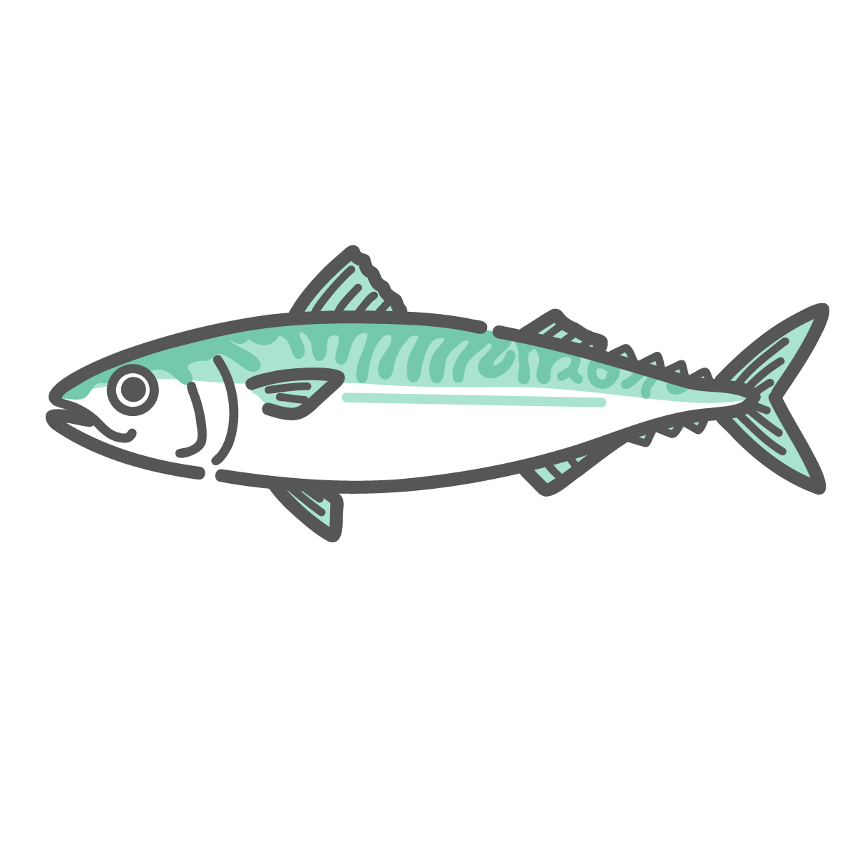 左向きに描かれた、一尾まるごとの鯖（サバ）のシンプルな線画イラスト。背中の特徴的な模様が描かれており、DHAやEPAが豊富な青魚のアイコンとして表現されている。