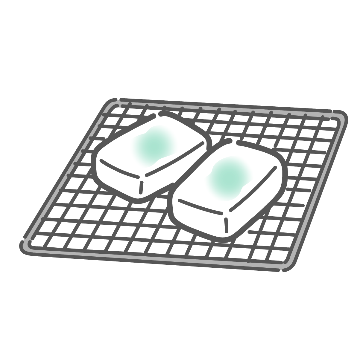 焼き網の上に乗せられた、2つの四角い切り餅のシンプルな線画イラスト。お正月に食べる伝統的な食材や、粘り気のある高炭水化物食品のアイコンとして描かれている。