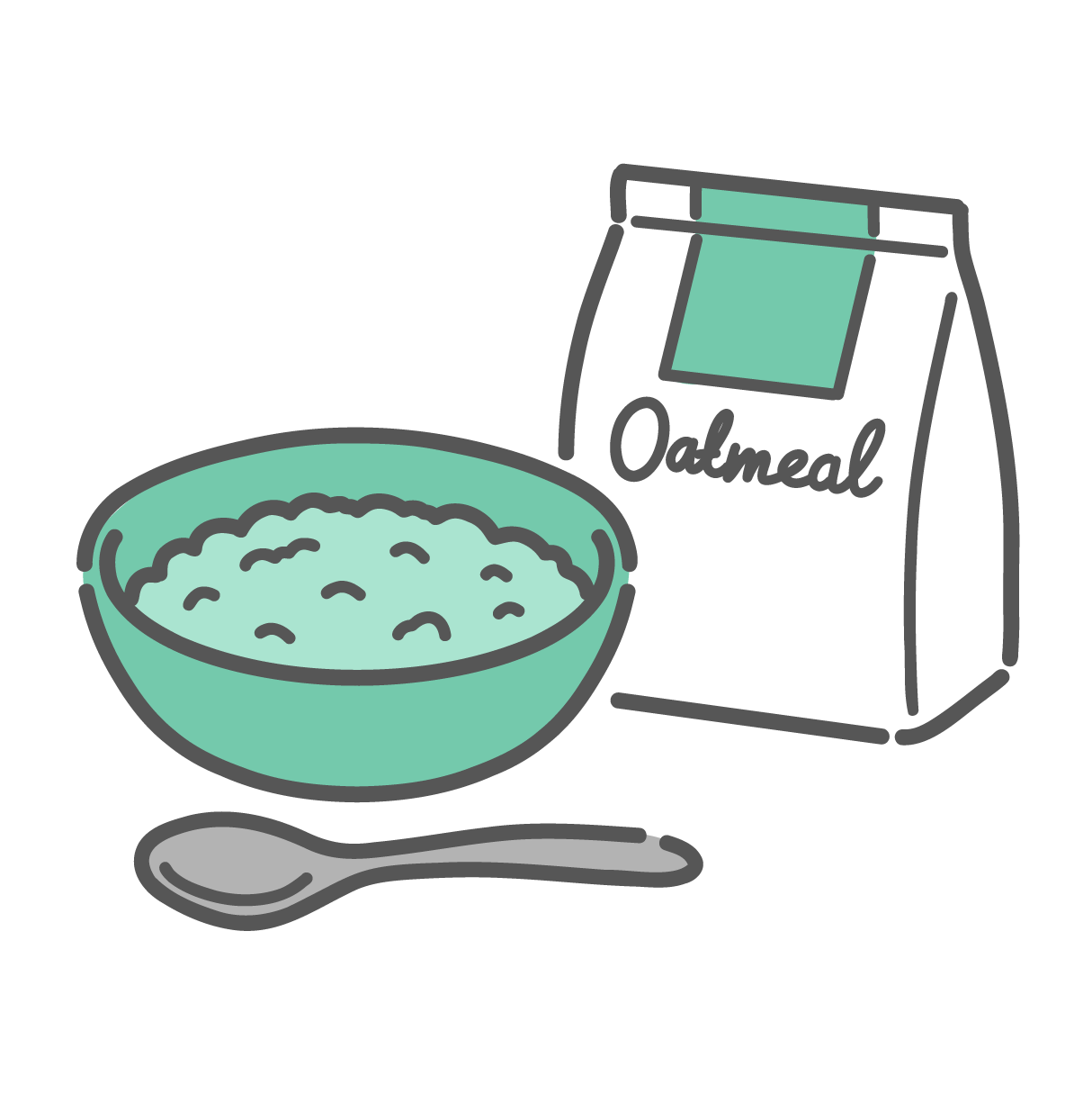 「Oatmeal」と書かれた袋と、ボウルに入ったオートミール（お粥）のシンプルな線画イラスト。食物繊維やミネラルが豊富で、ダイエットや健康食として人気の穀物のアイコンとして描かれている。