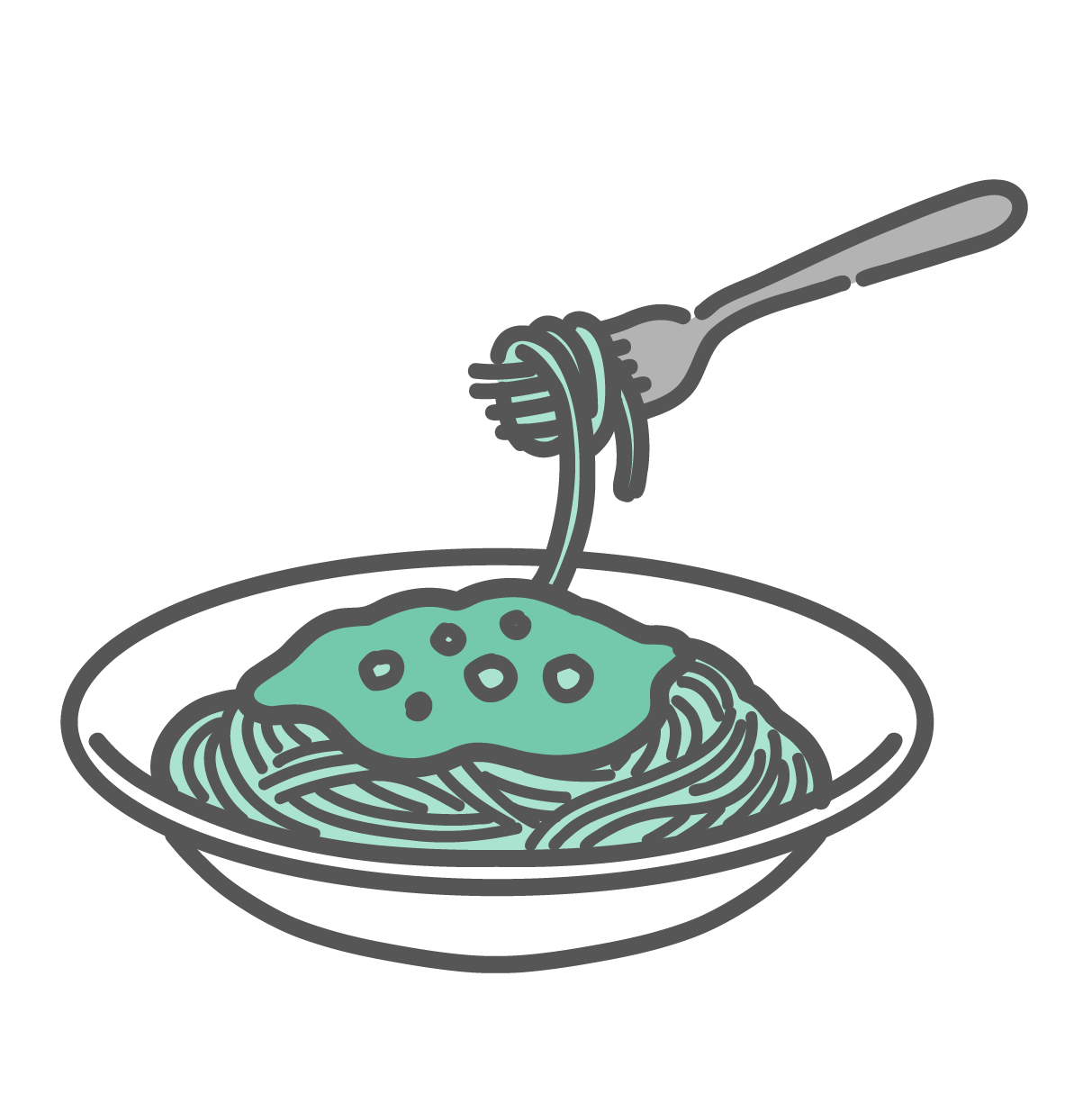 お皿に盛られたミートソーススパゲッティと、フォークで麺を持ち上げている様子のシンプルな線画イラスト。イタリア料理の定番であり、エネルギー源となる麺類のアイコンとして描かれている。