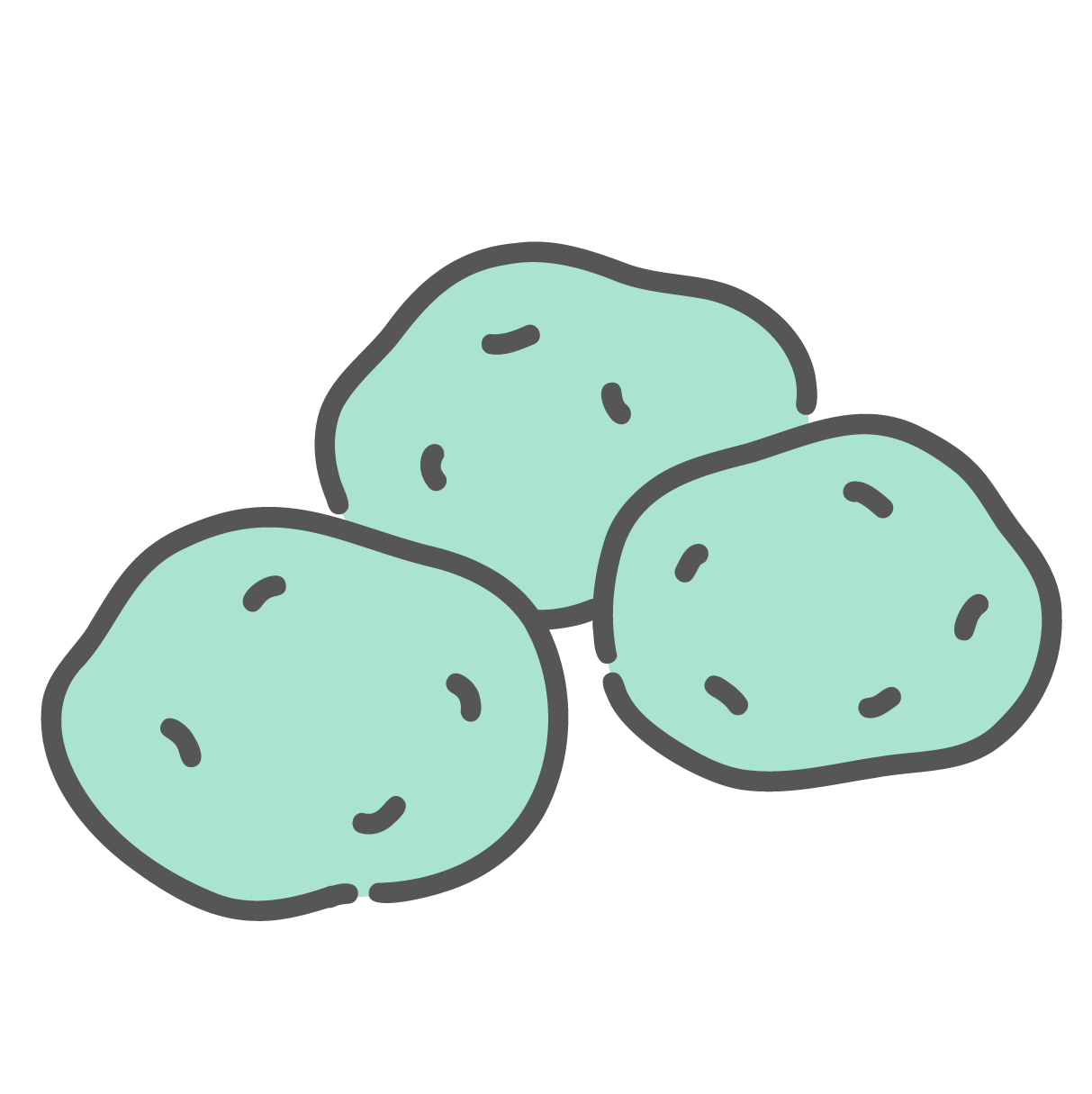 ゴロゴロとした丸みのあるじゃがいもが3つ並んだシンプルな線画イラスト。デンプン質が多く、炭水化物源となる野菜のアイコンとして描かれている。