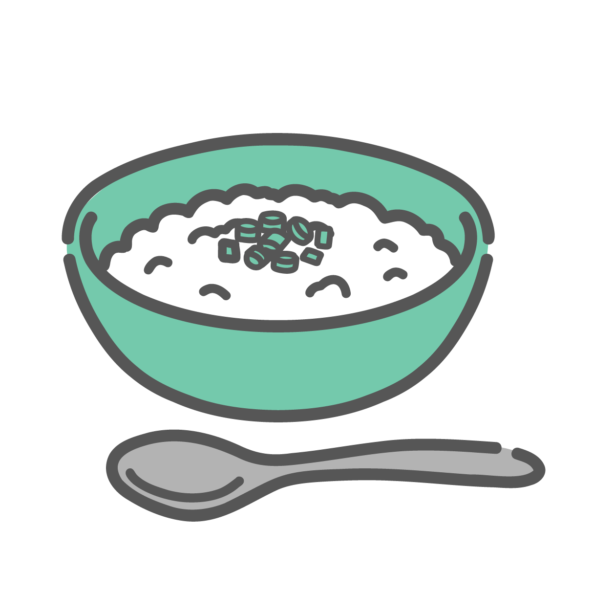 緑色のお椀に入った、温かいおかゆ（白粥）とスプーンのシンプルな線画イラスト。上に刻みネギが乗っており、消化の良い食事や介護食、病者食のアイコンとして描かれている。