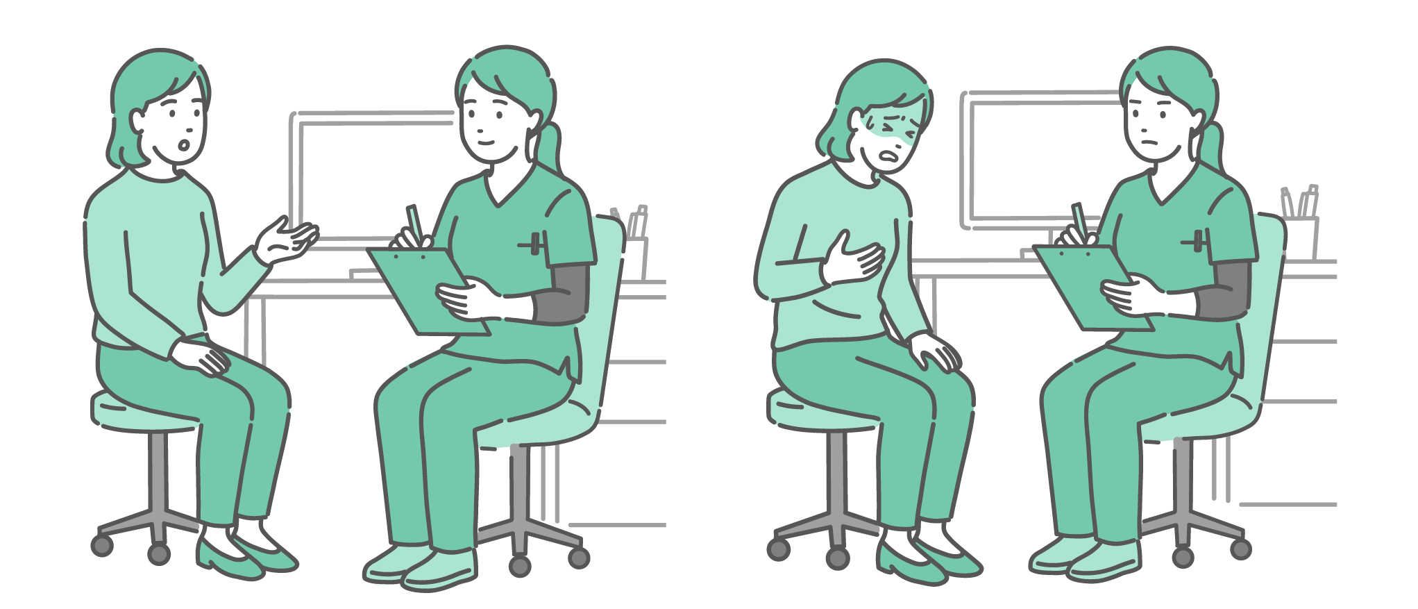 診察室で穏やかに話す女性患者と、胸を押さえて冷や汗をかき苦しむ女性患者の2つのシーン。どちらも緑色のスクラブを着た女性医師（または看護師）が対応しているセットイラスト。