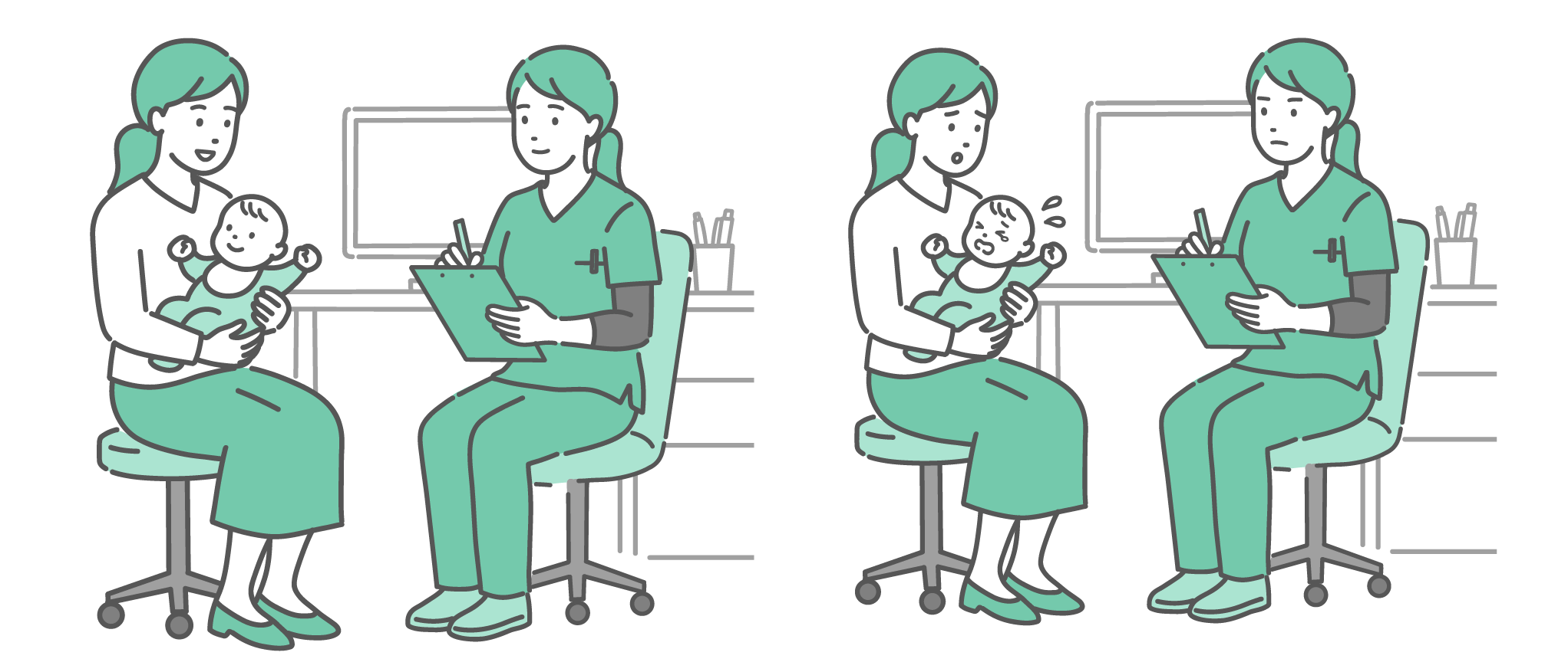 診察室で赤ちゃんを抱いて穏やかに話す母親と、泣いている赤ちゃんを抱いて困った表情の母親の2つのシーン。どちらも緑色のスクラブを着た女性医師（または看護師）が対応しているセットイラスト。