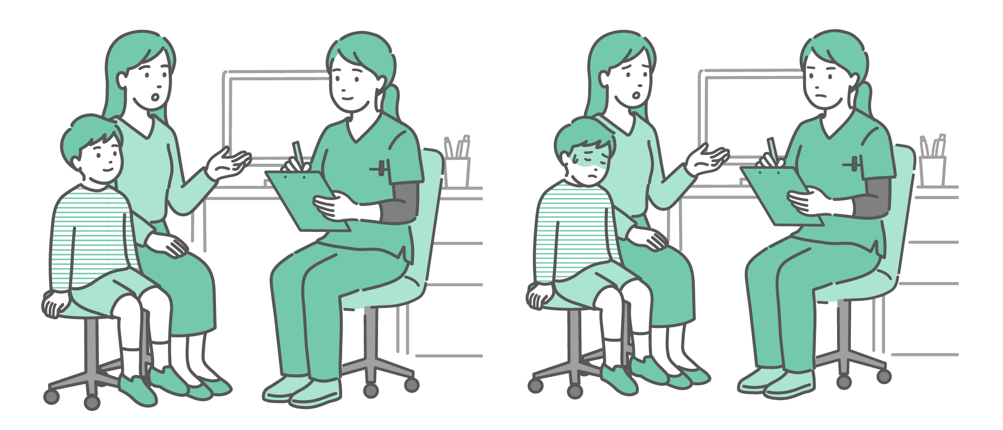 診察室で男の子と母親の話を穏やかに聞くシーンと、ぐったりした男の子と心配そうな母親の話を深刻な表情で聞くシーンの2点セット。どちらも緑色のスクラブを着た女性医師（または看護師）が対応しているイラスト。