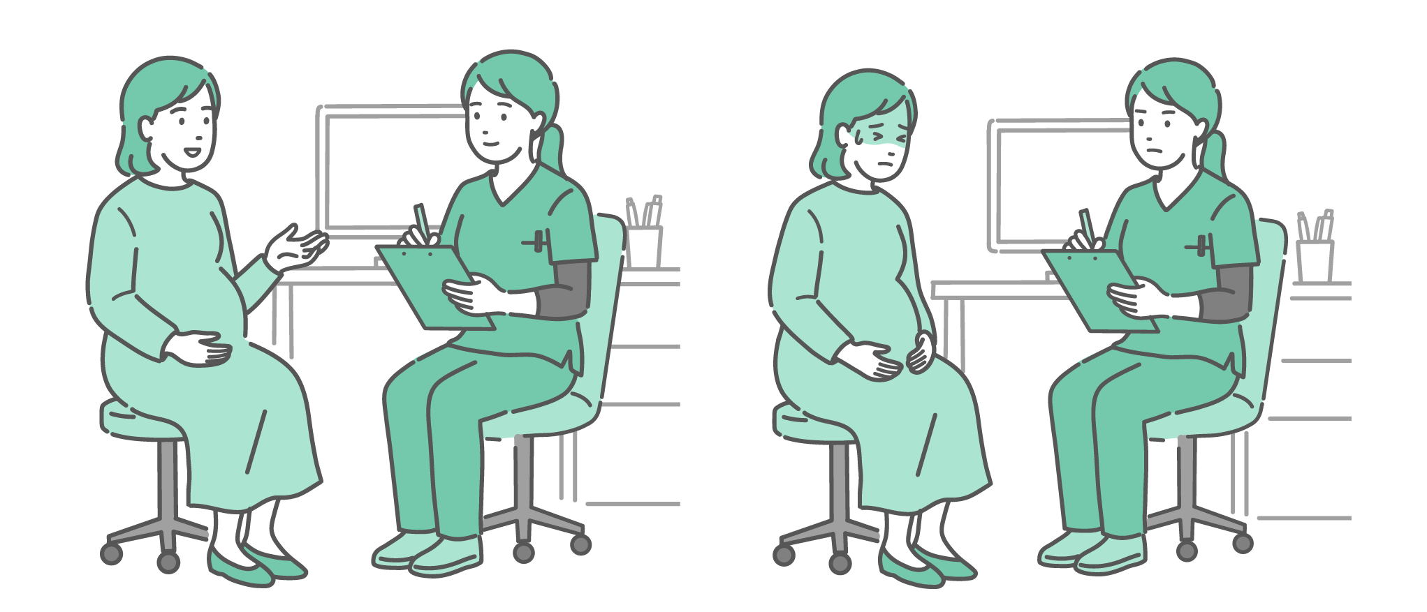 診察室で穏やかに話す妊婦と、お腹を押さえて冷や汗をかき苦しむ妊婦の2つのシーン。どちらも緑色のスクラブを着た女性医師（または助産師・看護師）が対応しているセットイラスト。