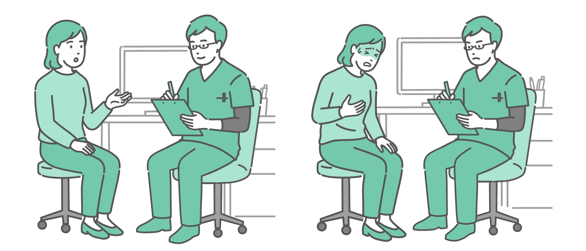 診察室で穏やかに話す女性患者と、胸を押さえて冷や汗をかき苦しむ女性患者の2つのシーン。どちらも緑色のスクラブ（手術着）にメガネ姿の男性医師が対応しているセットイラスト。
