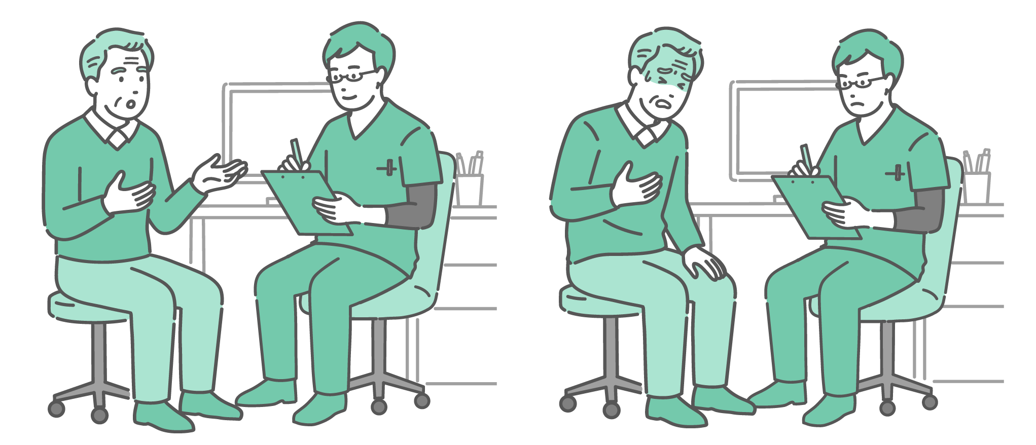 診察室で穏やかに話す高齢男性（おじいちゃん）と、胸を押さえて冷や汗をかき苦しむ高齢男性の2つのシーン。どちらも緑色のスクラブ（手術着）にメガネ姿の男性医師が対応しているセットイラスト。