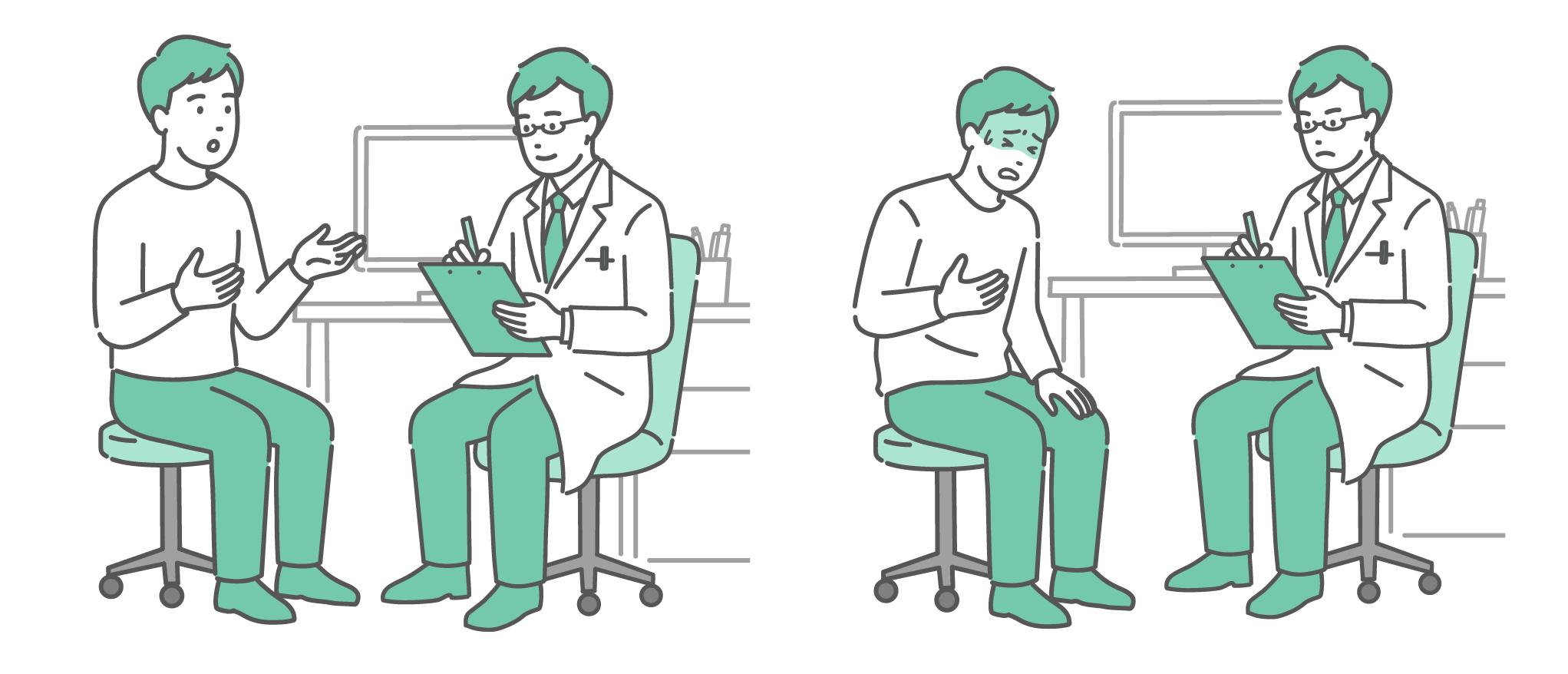 診察室で穏やかに話す男性患者と、胸を押さえて冷や汗をかき苦しむ男性患者の2つのシーン。どちらも白衣にメガネ姿の男性医師が対応しているセットイラスト。