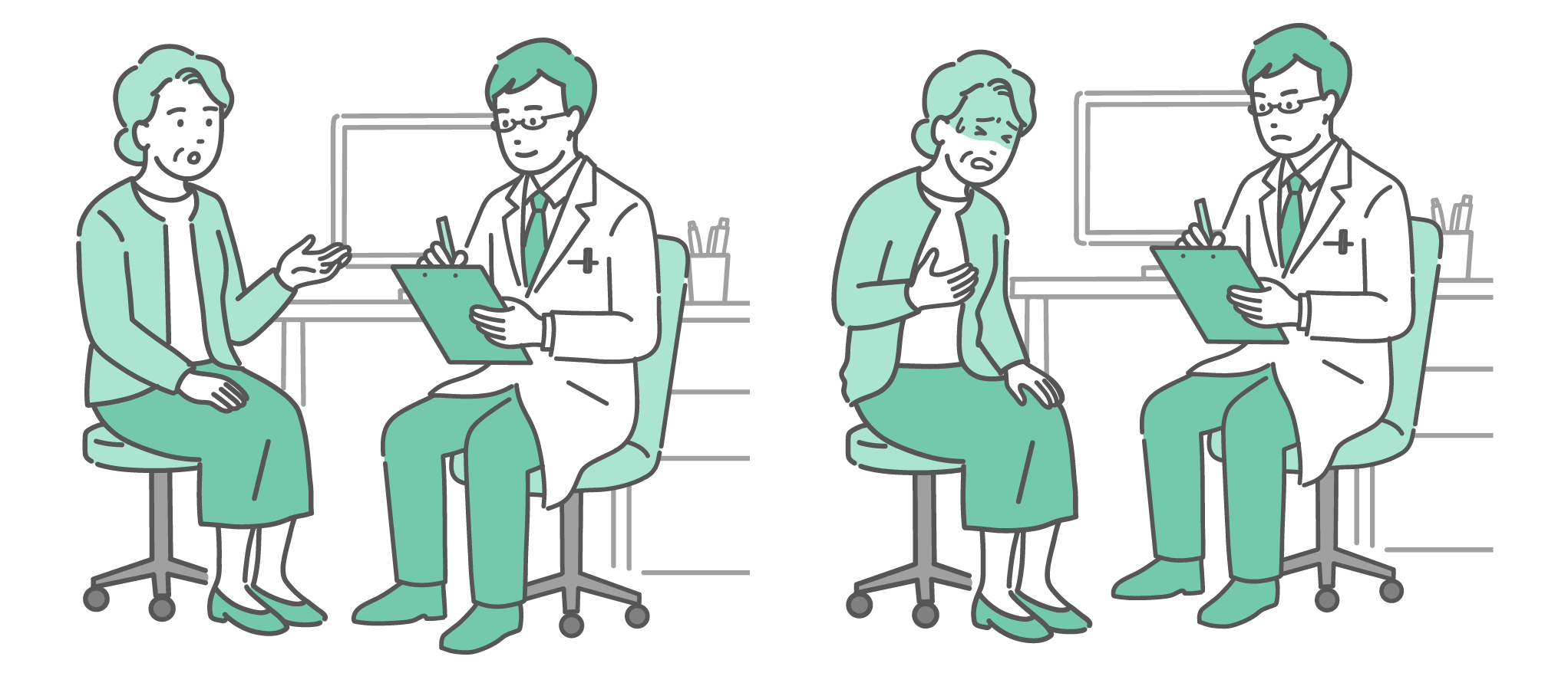 診察室で穏やかに話す高齢女性と、胸を押さえて冷や汗をかき苦しむ高齢女性の2つのシーン。どちらも白衣にメガネ姿の男性医師が対応しているセットイラスト。