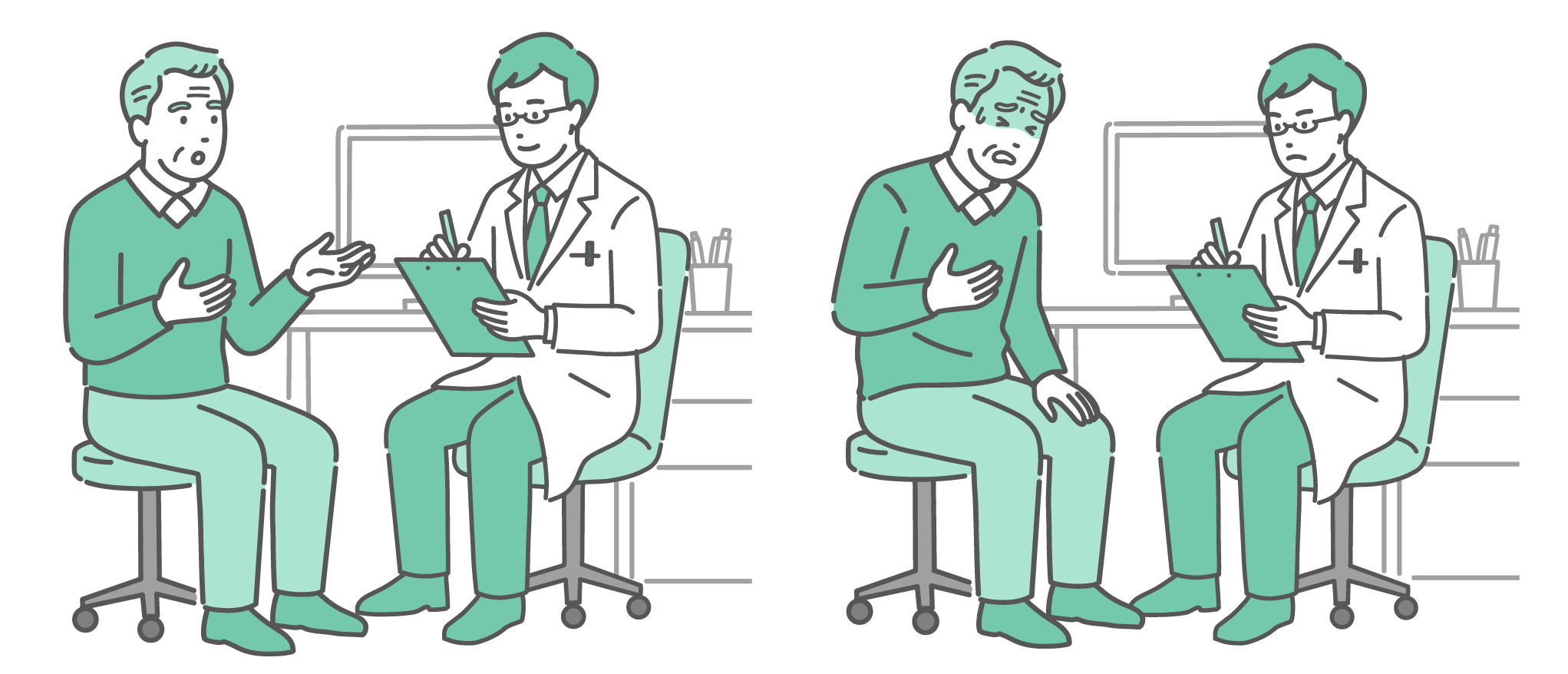 診察室で穏やかに話す高齢男性（おじいちゃん）と、胸を押さえて冷や汗をかき苦しむ高齢男性の2つのシーン。どちらも白衣にメガネ姿の男性医師が対応しているセットイラスト。